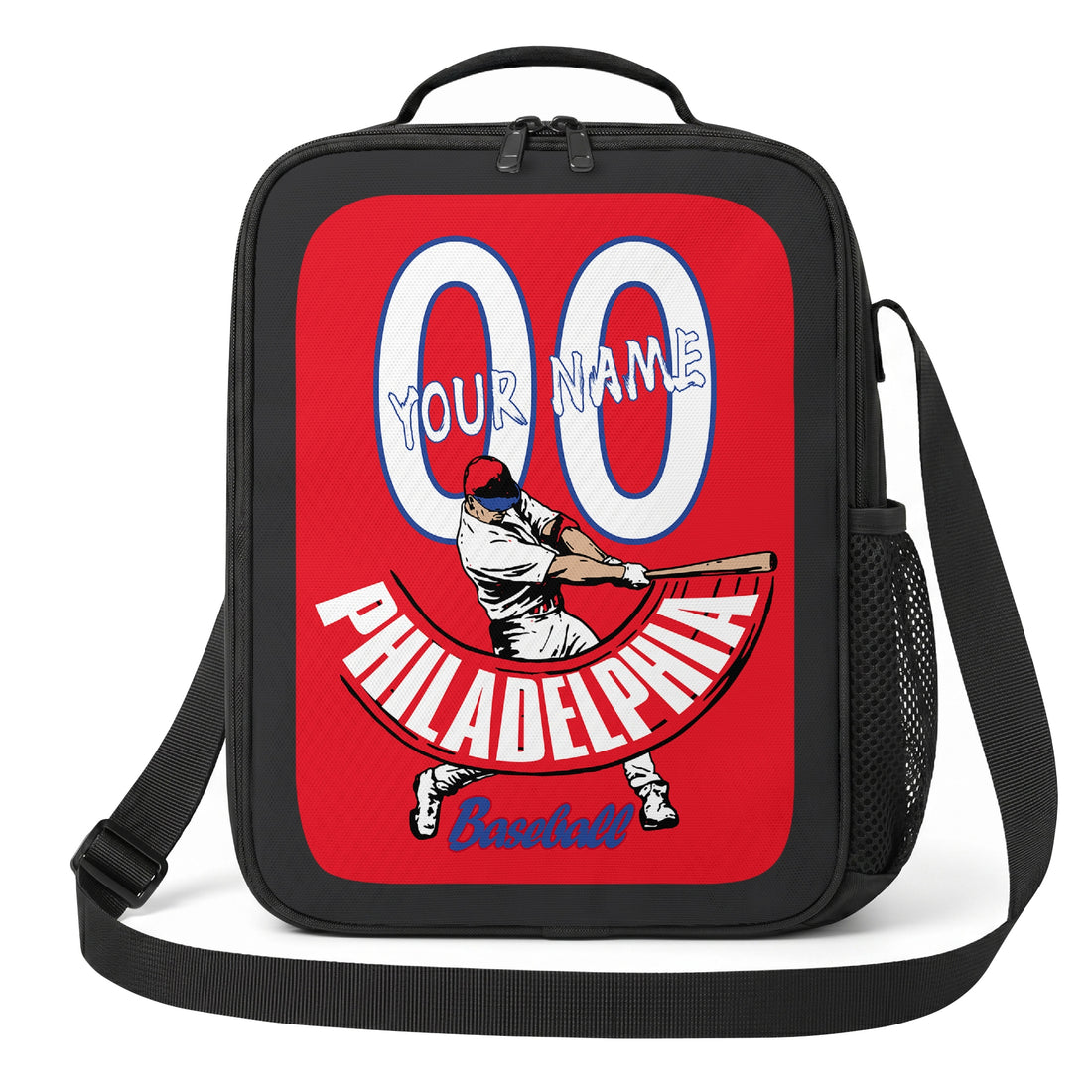 Philadelphia personalized batter graphic baseball lunch bag in red light blue and white showing front and angled views with custom name and number