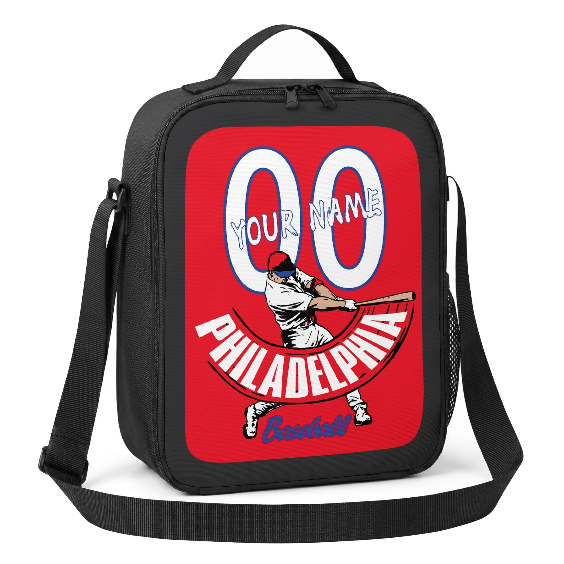 Philadelphia personalized batter baseball lunch bag angled view with top handle shoulder strap and side mesh pocket