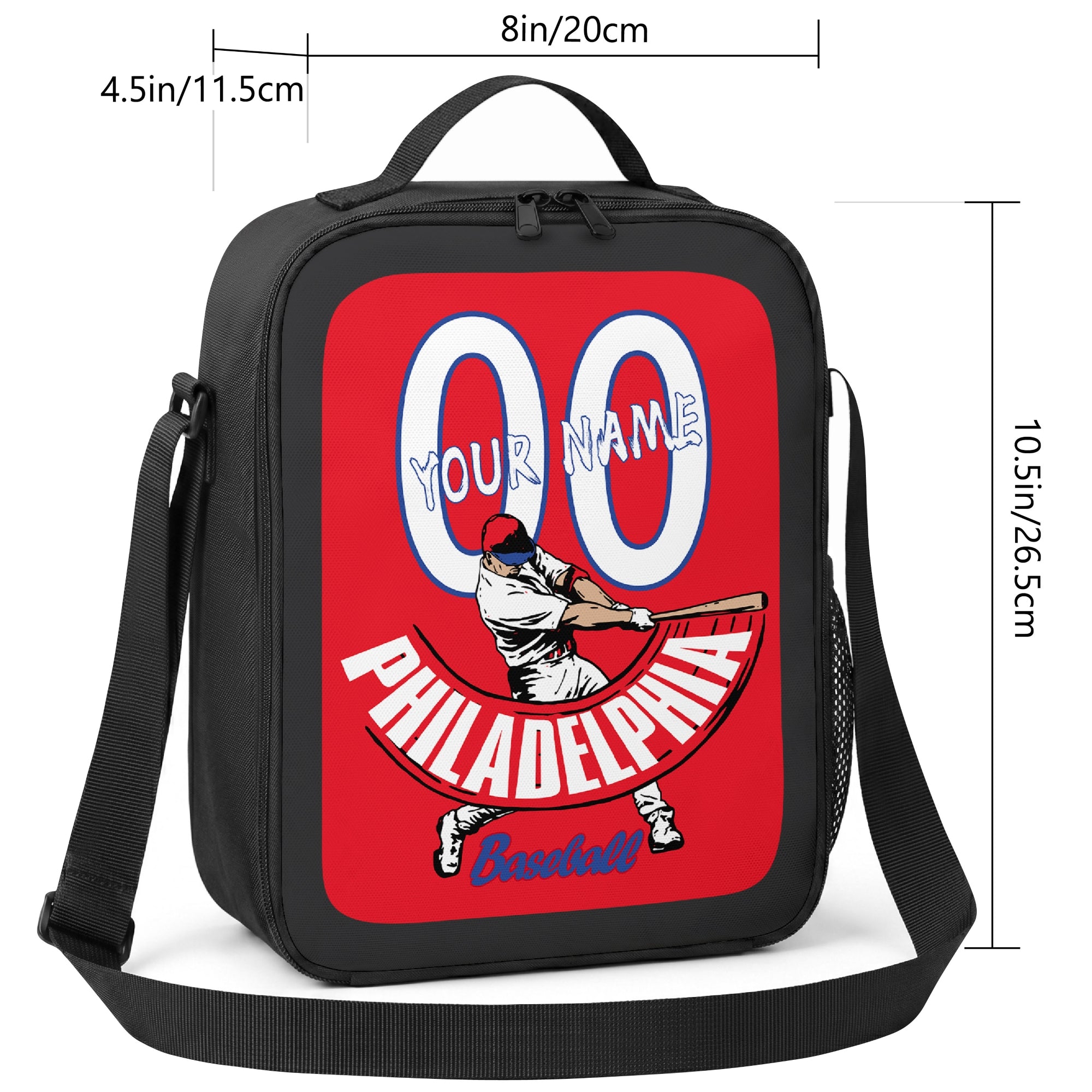Philadelphia personalized baseball lunch bag size guide showing 8 inch width 4.5 inch depth and 10.5 inch height