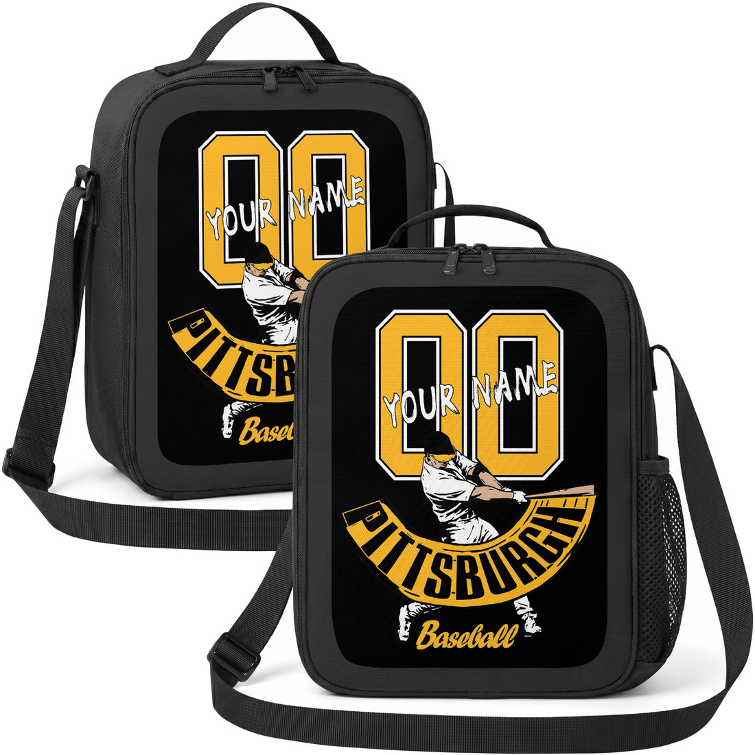 Pittsburgh personalized batter graphic baseball lunch bag in black gold and white showing front and angled views with custom name and number
