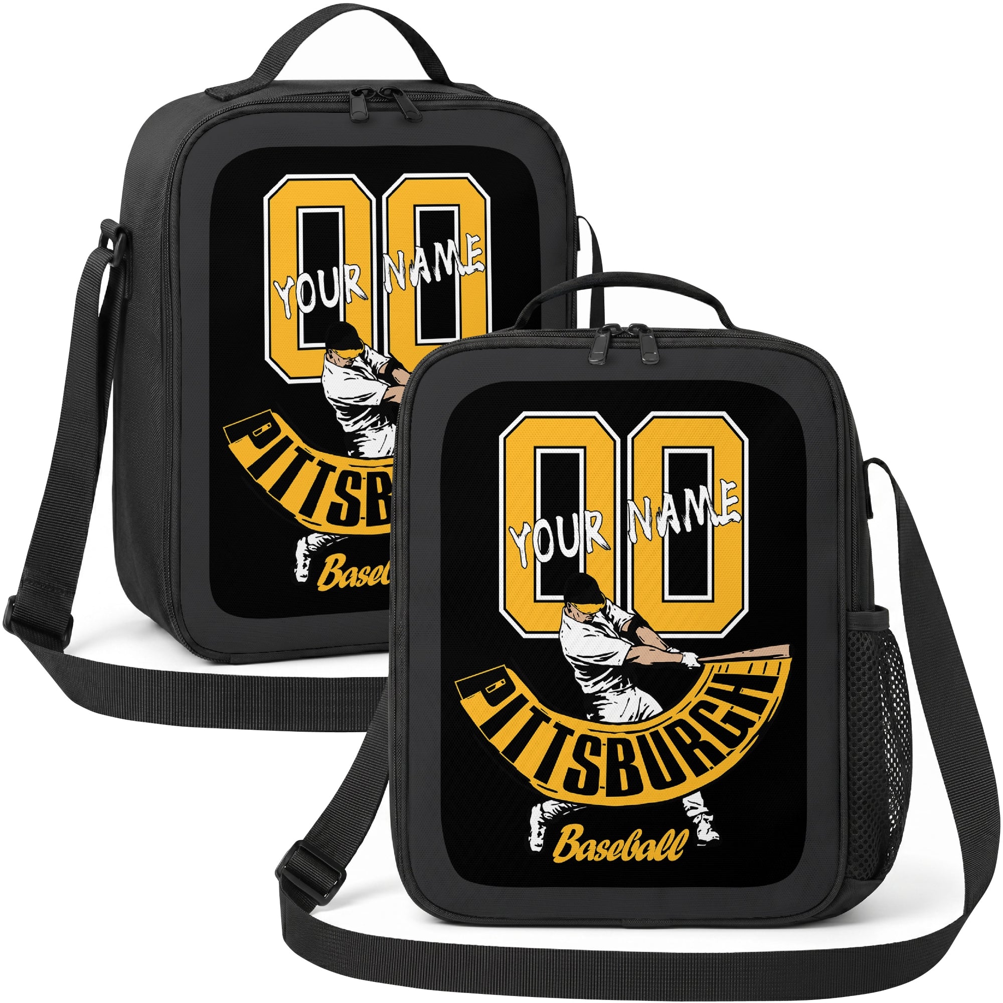 Pittsburgh personalized batter graphic baseball lunch bag in black gold and white showing front and angled views with custom name and number