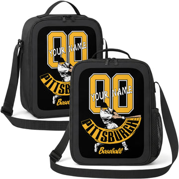 Pittsburgh personalized batter graphic baseball lunch bag in black gold and white showing front and angled views with custom name and number