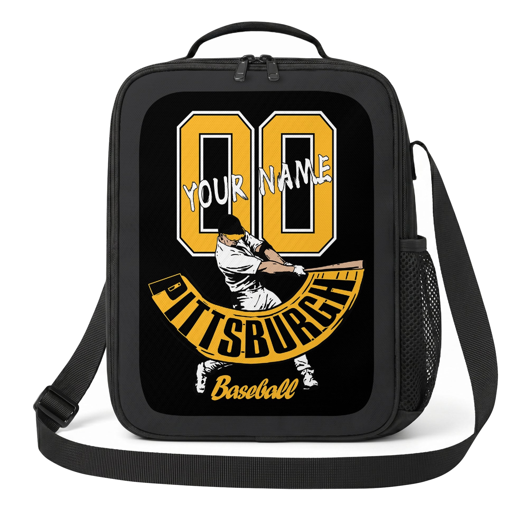 Pittsburgh personalized baseball lunch bag front view in black gold and white with swinging batter graphic custom name and jersey number