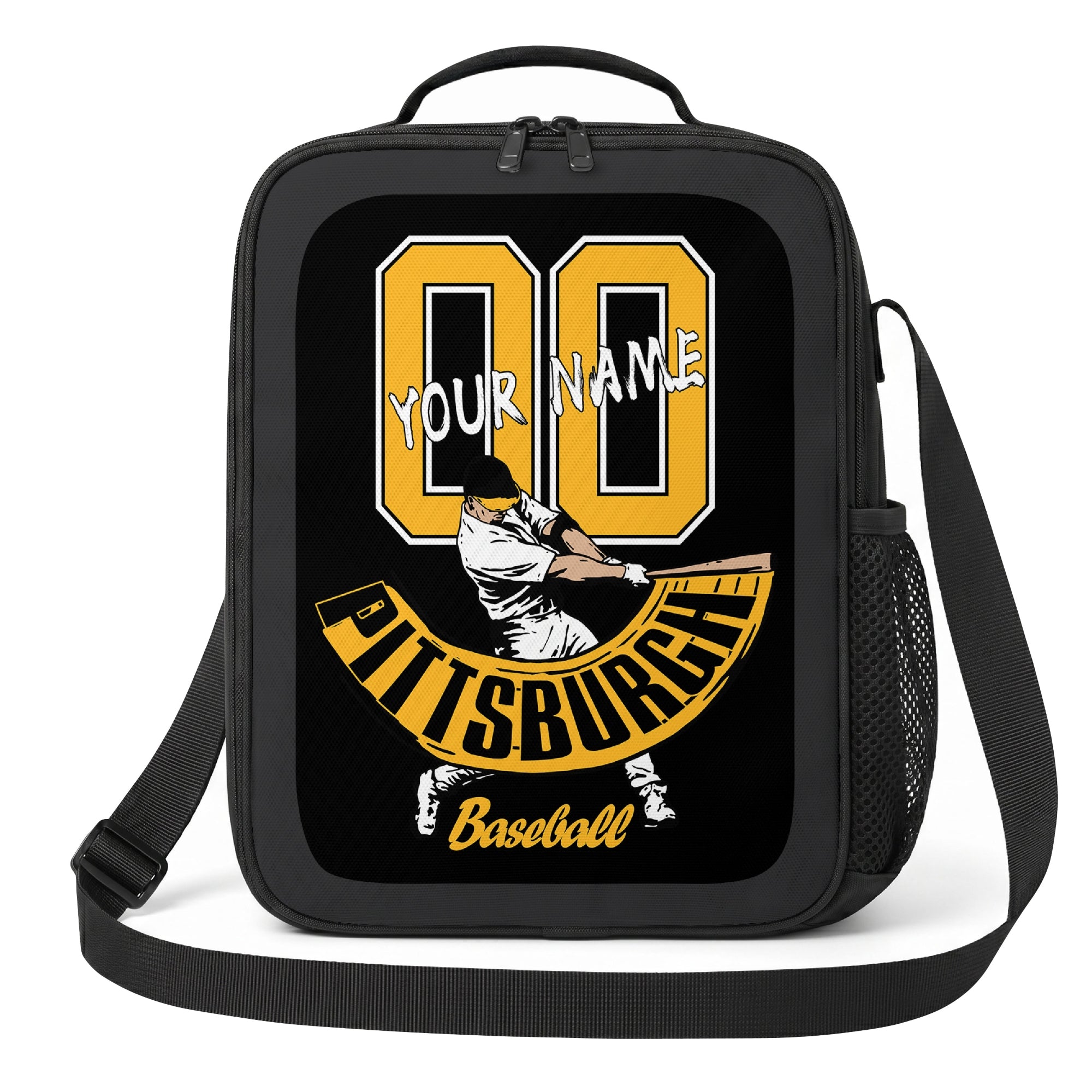 Pittsburgh personalized baseball lunch bag front view in black gold and white with swinging batter graphic custom name and jersey number