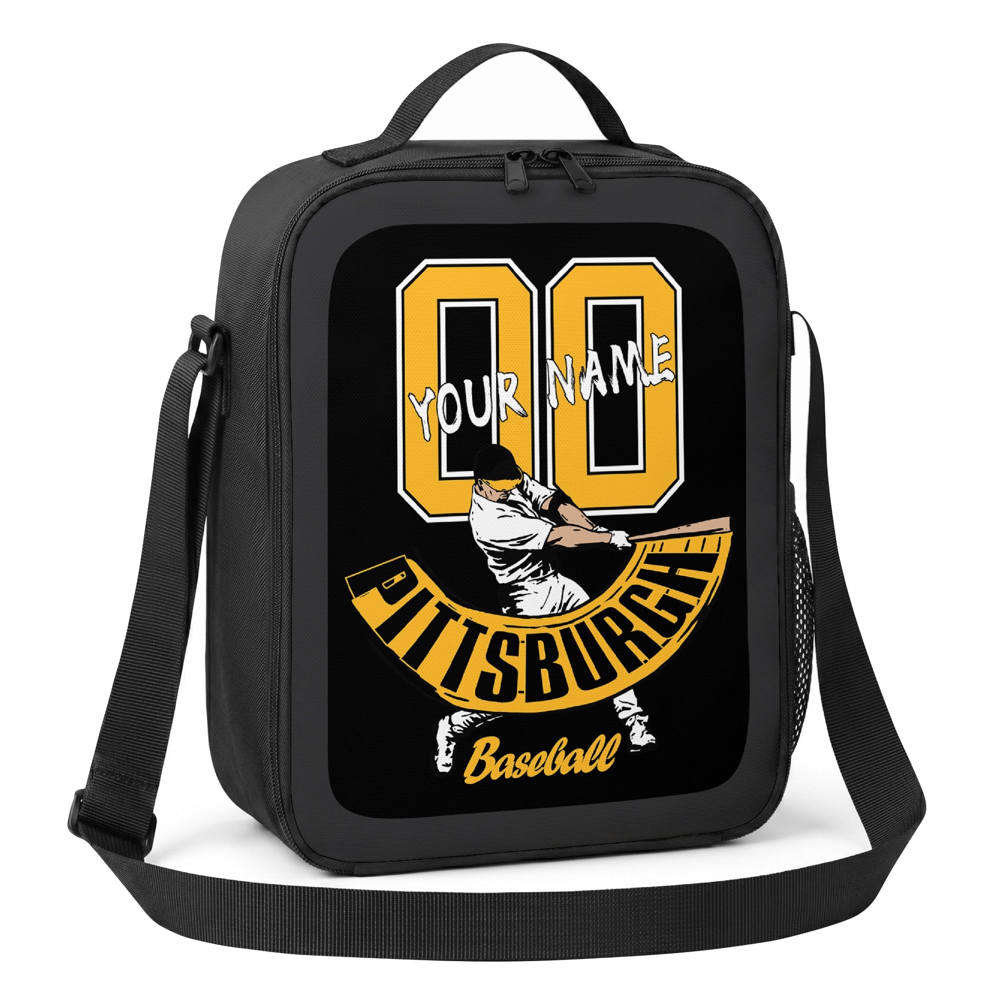 Pittsburgh personalized batter baseball lunch bag angled view with top handle shoulder strap and side mesh pocket