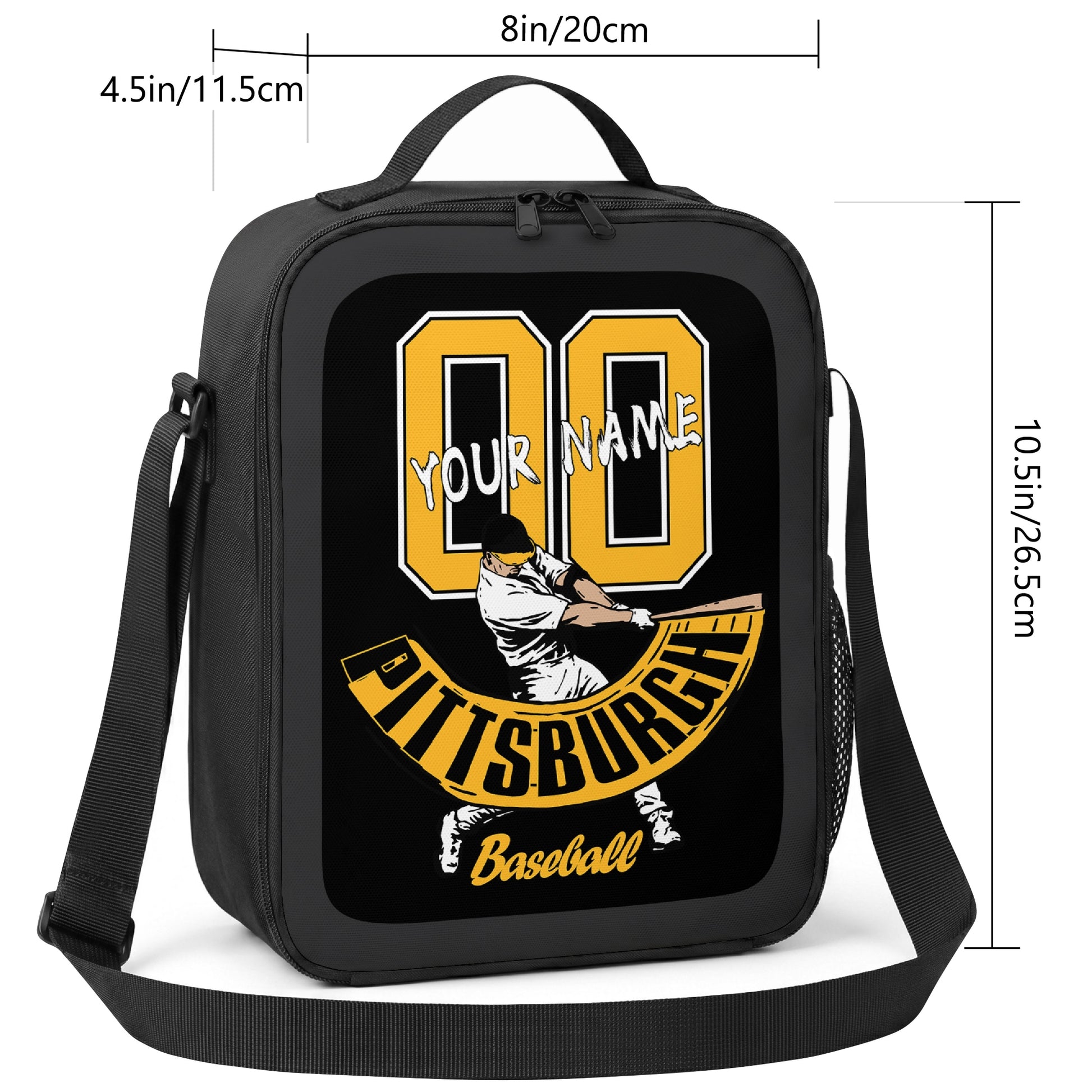 Pittsburgh personalized baseball lunch bag size guide showing 8 inch width 4.5 inch depth and 10.5 inch height