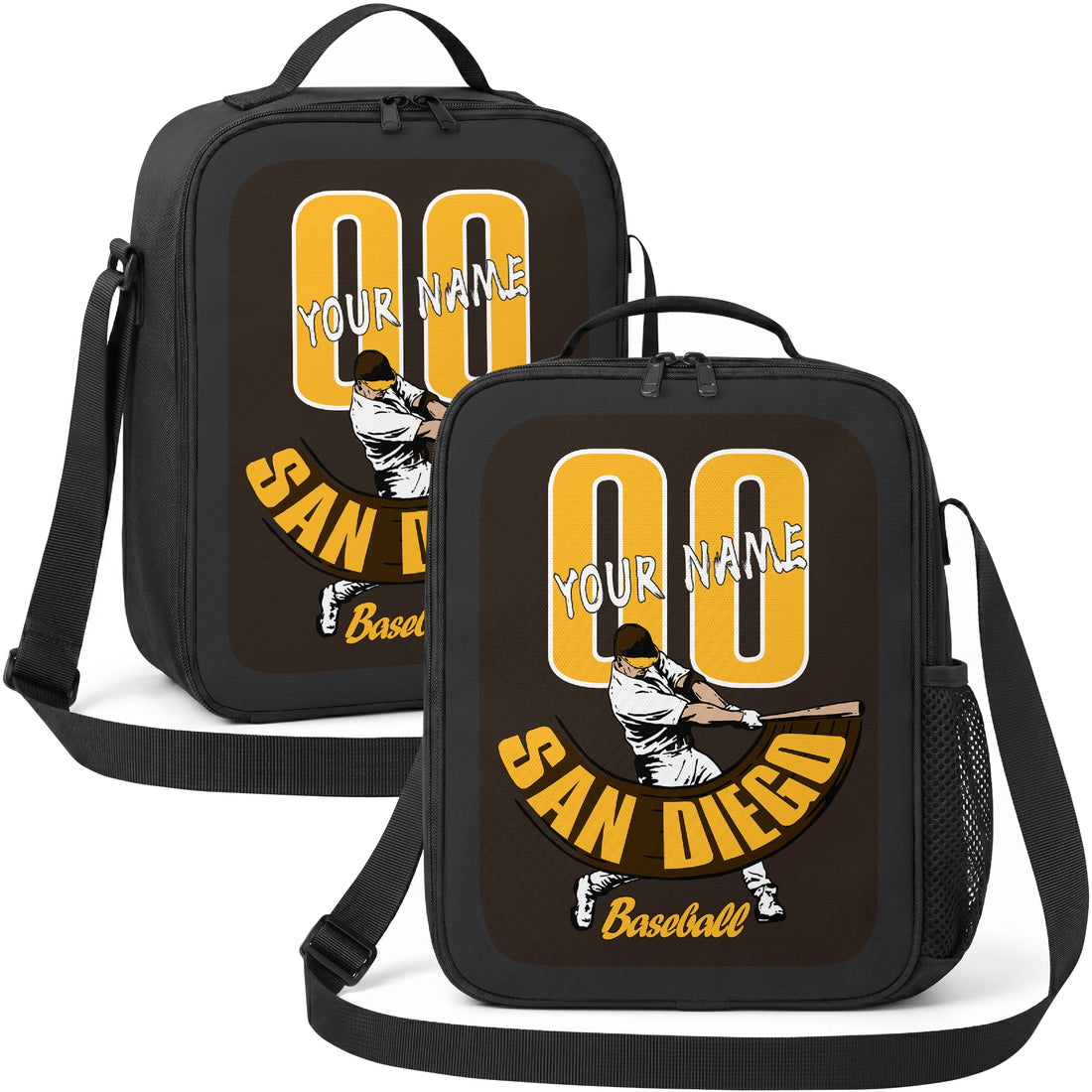 San Diego personalized batter graphic baseball lunch bag in brown gold and cream showing front and angled views with custom name and number