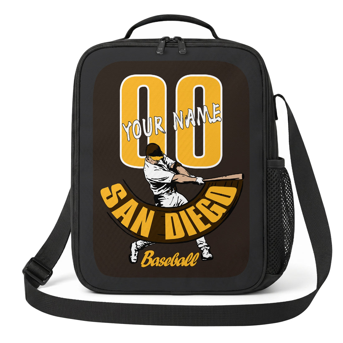 San Diego personalized batter graphic baseball lunch bag in brown gold and cream showing front and angled views with custom name and number