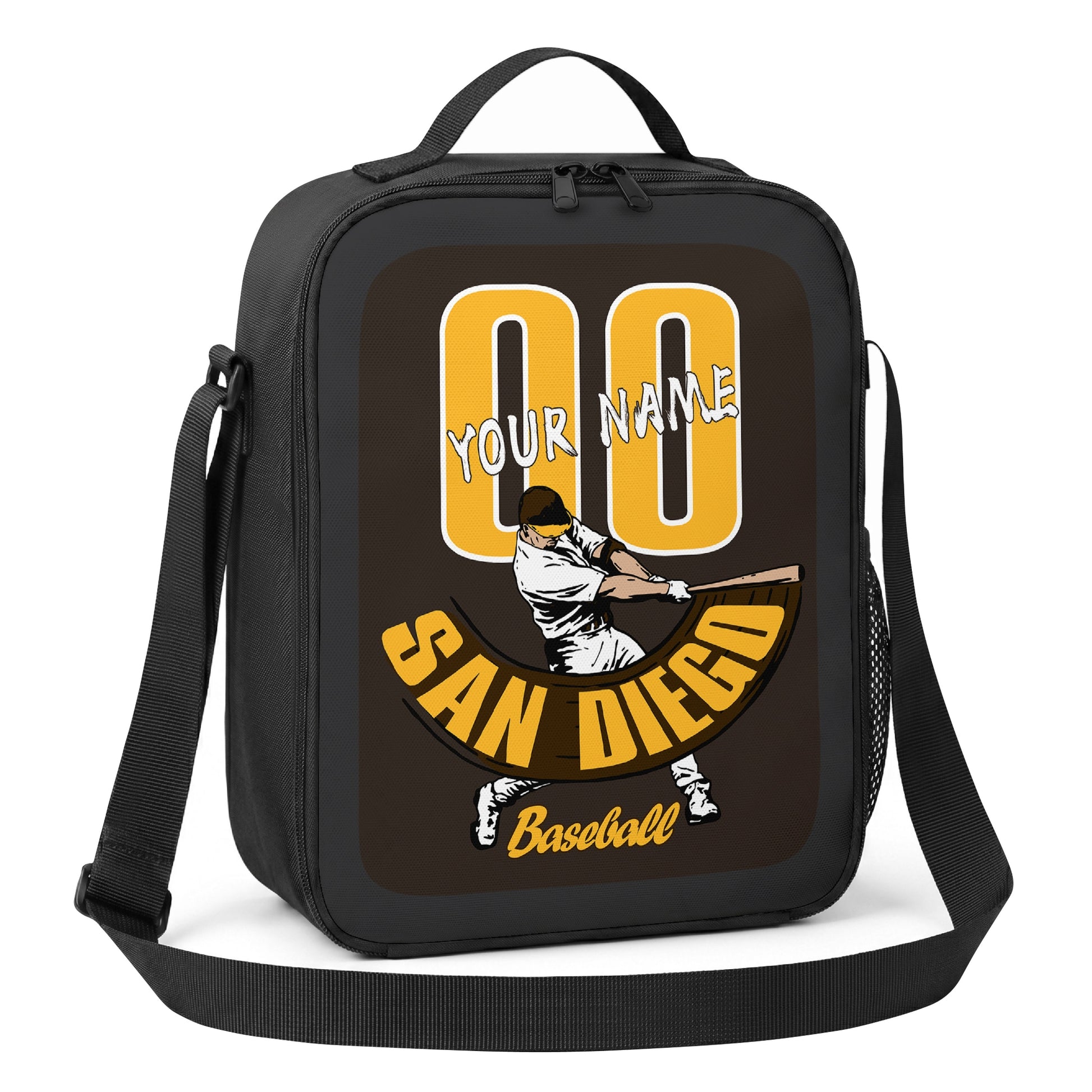 San Diego personalized batter baseball lunch bag angled view with top handle shoulder strap and side mesh pocket