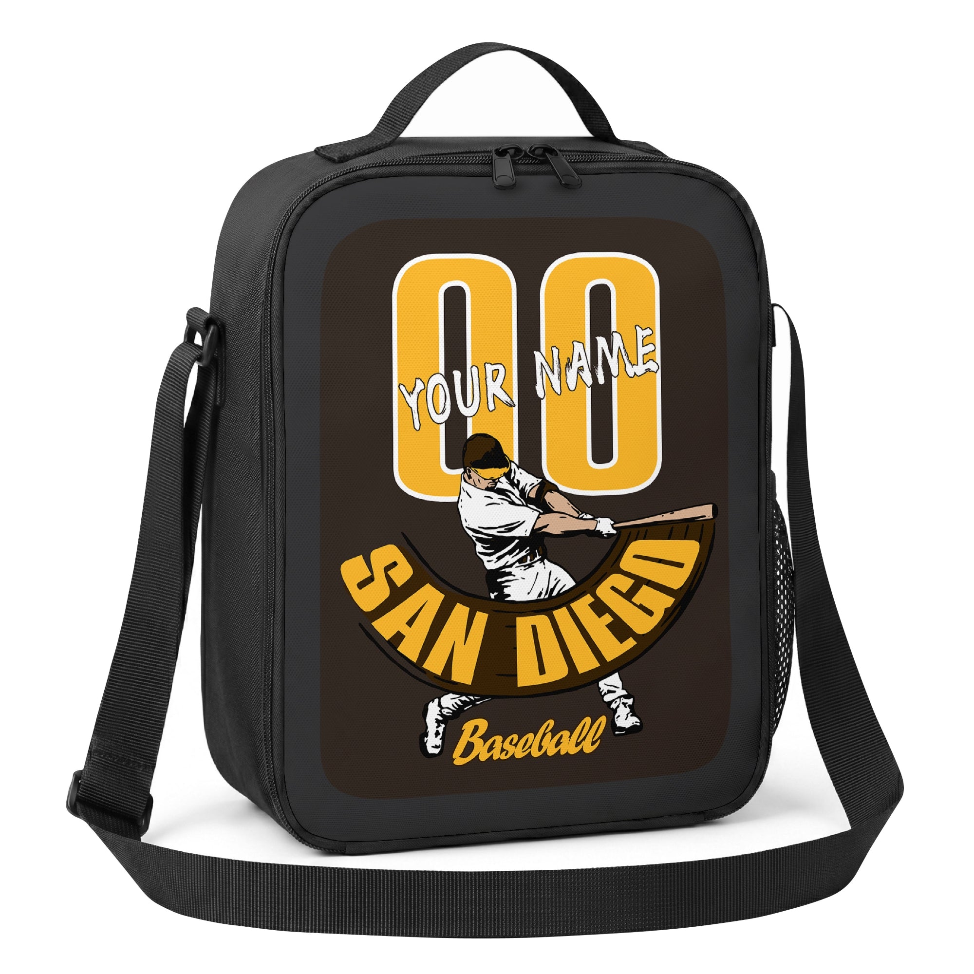 San Diego personalized batter baseball lunch bag angled view with top handle shoulder strap and side mesh pocket