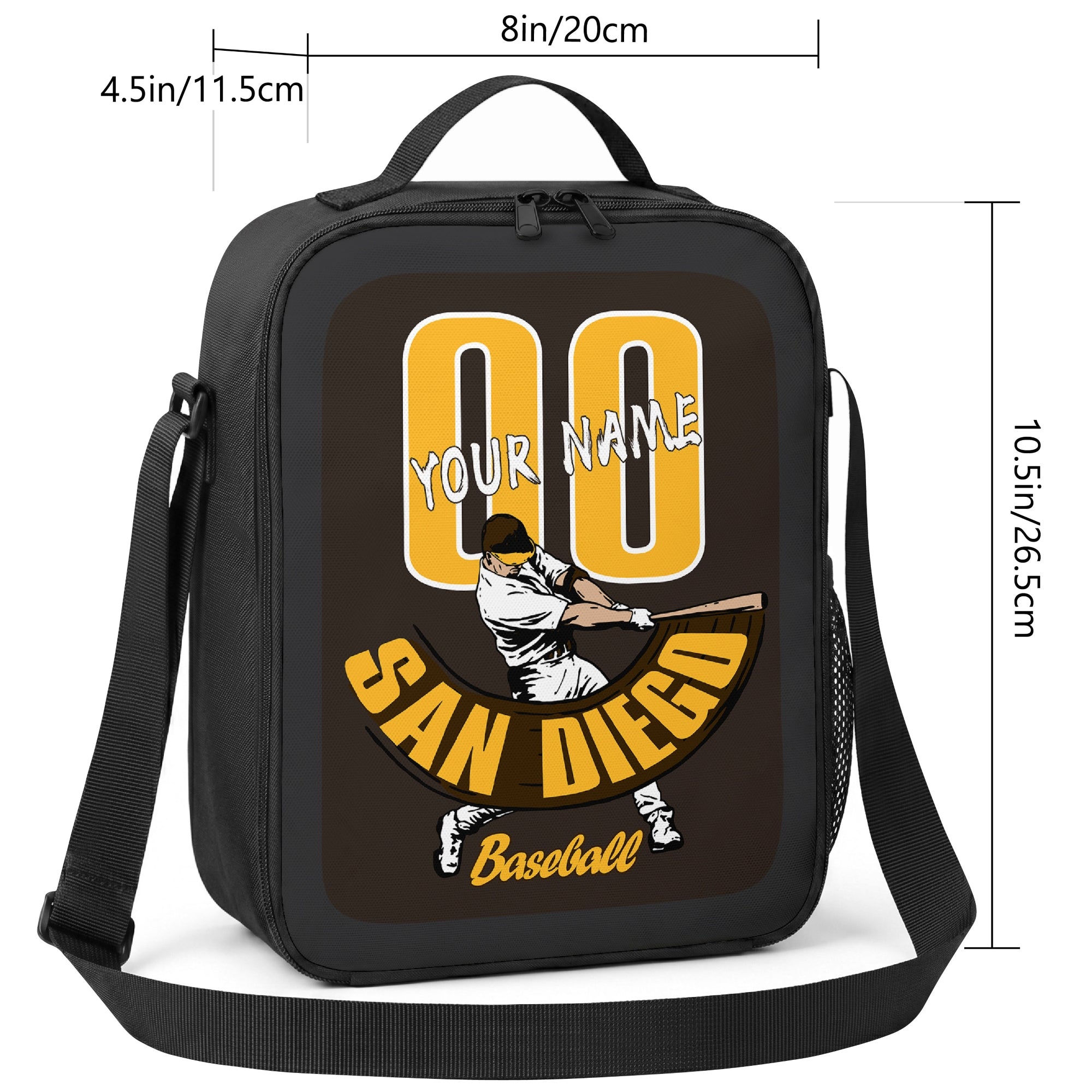 San Diego personalized baseball lunch bag size guide showing 8 inch width 4.5 inch depth and 10.5 inch height
