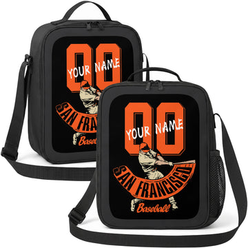 San Francisco personalized batter graphic baseball lunch bag in black orange and cream showing front and angled views with custom name and number