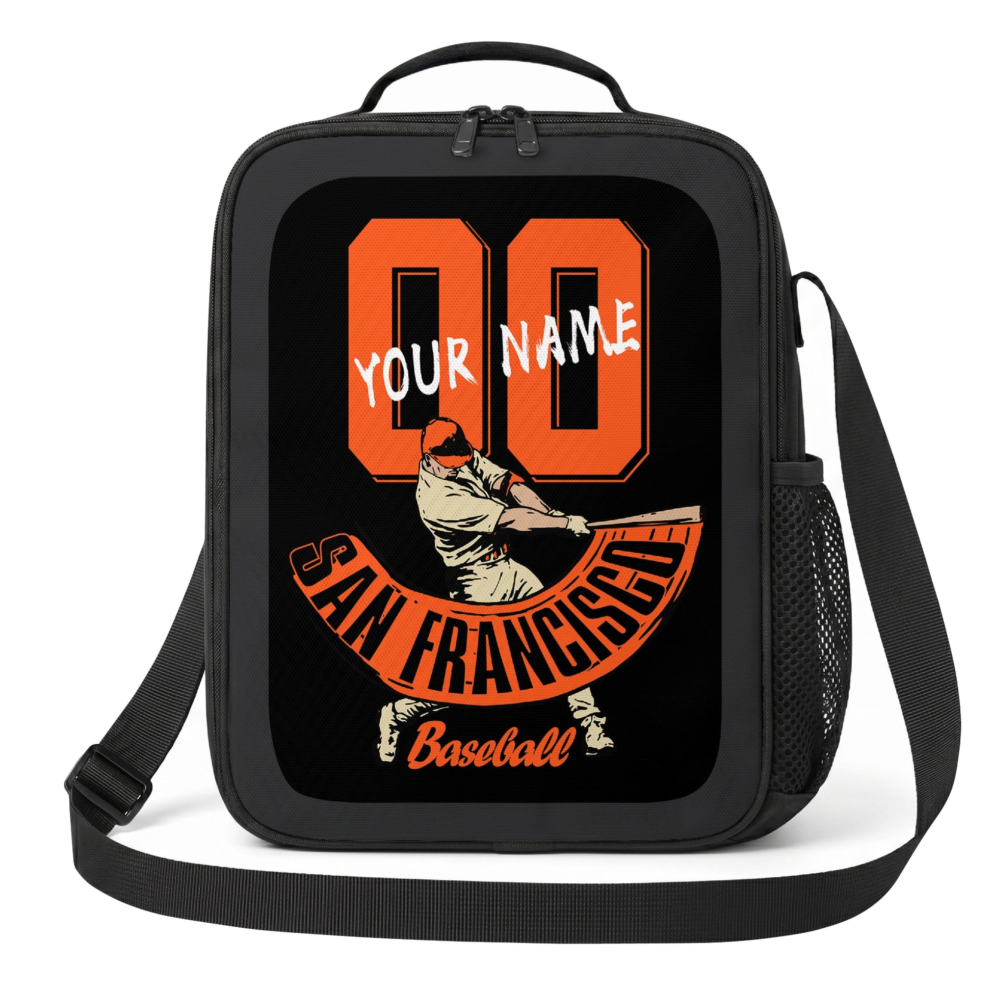 San Francisco personalized baseball lunch bag front view in black orange and cream with swinging batter graphic custom name and jersey number
