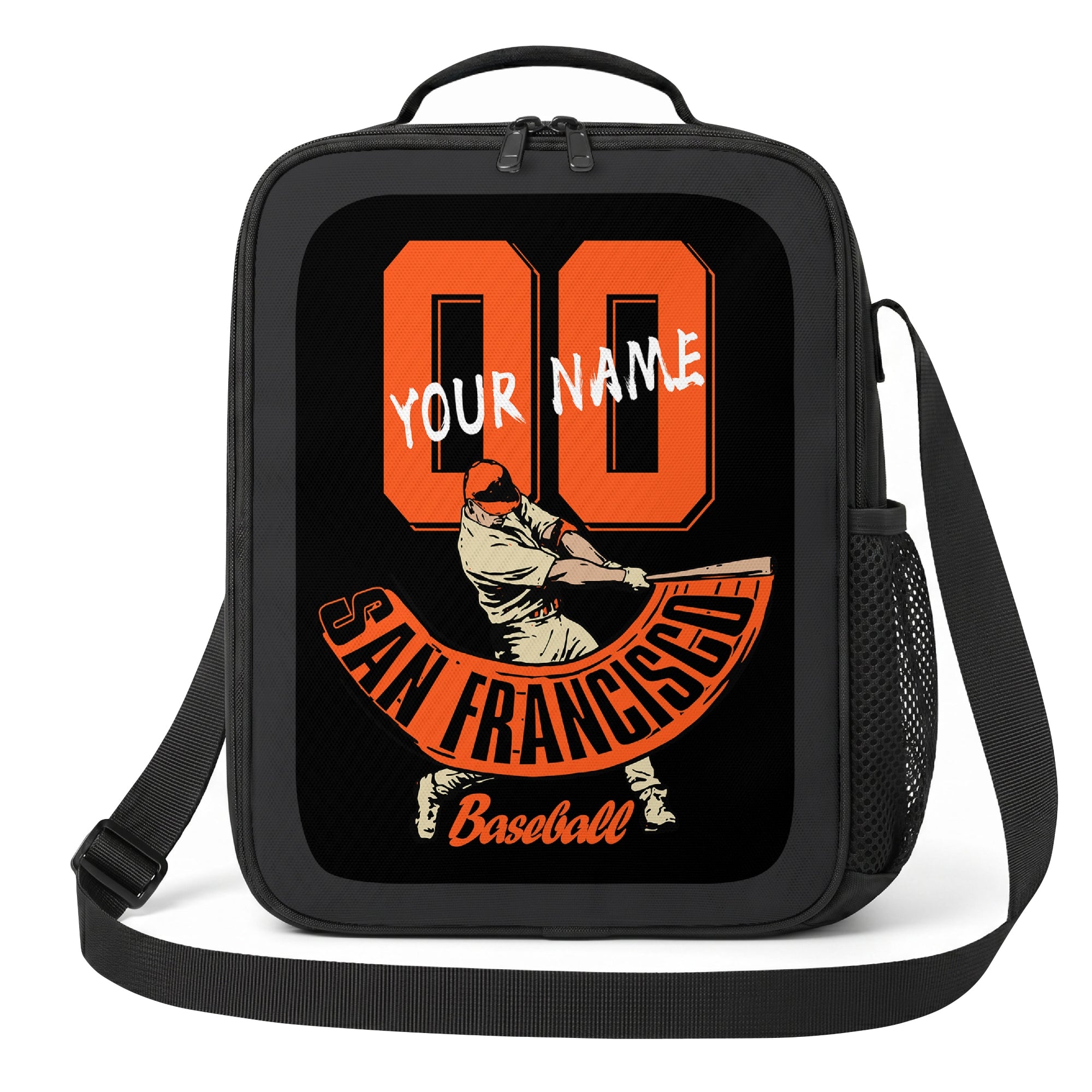 San Francisco personalized baseball lunch bag front view in black orange and cream with swinging batter graphic custom name and jersey number