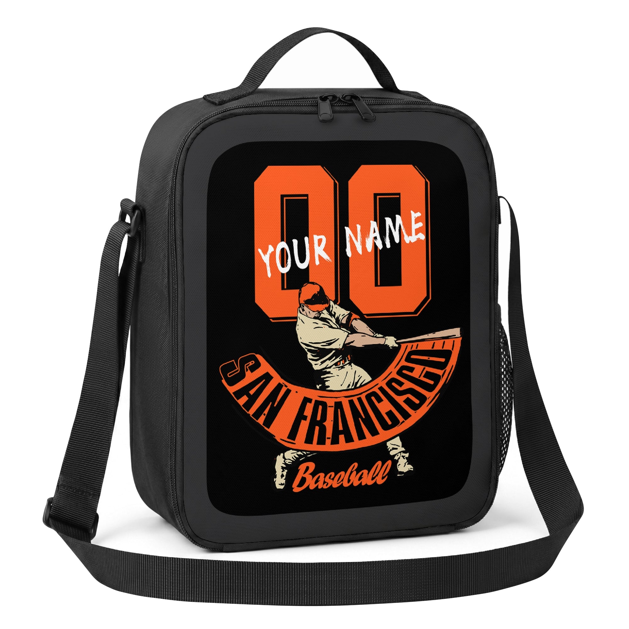 San Francisco personalized batter baseball lunch bag angled view with top handle shoulder strap and side mesh pocket