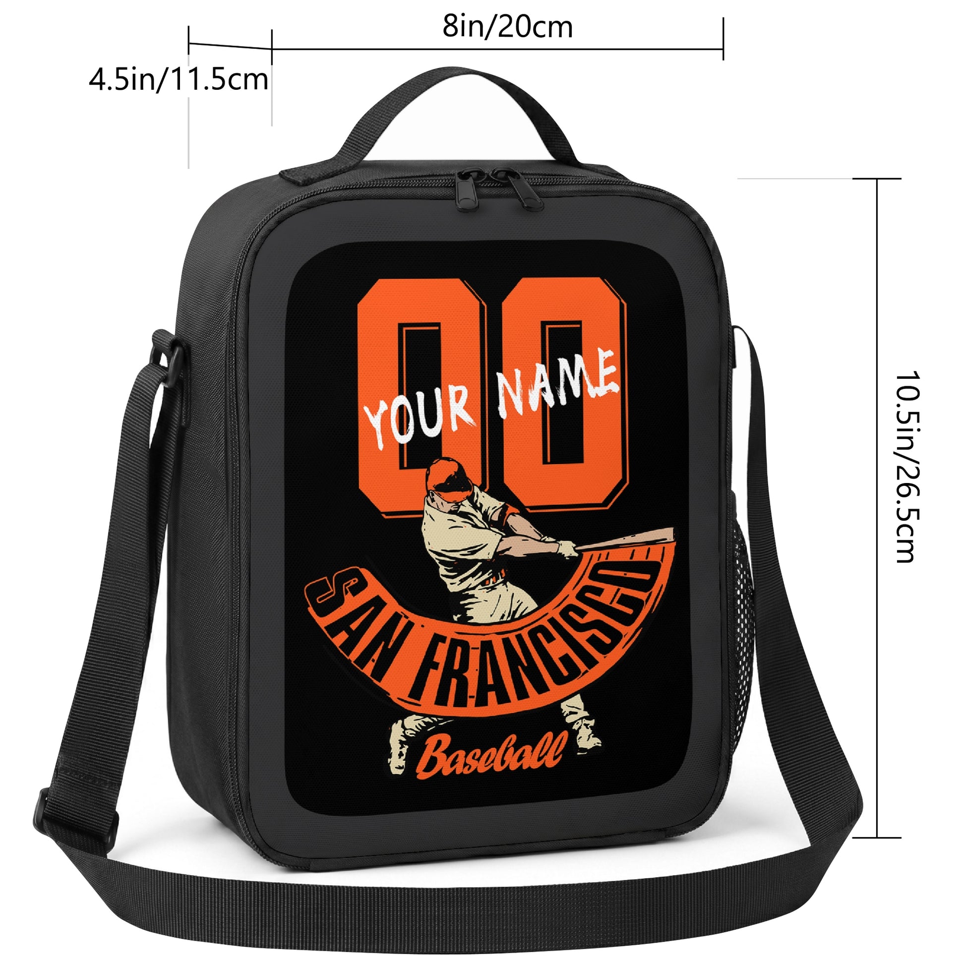 San Francisco personalized baseball lunch bag size guide showing 8 inch width 4.5 inch depth and 10.5 inch height