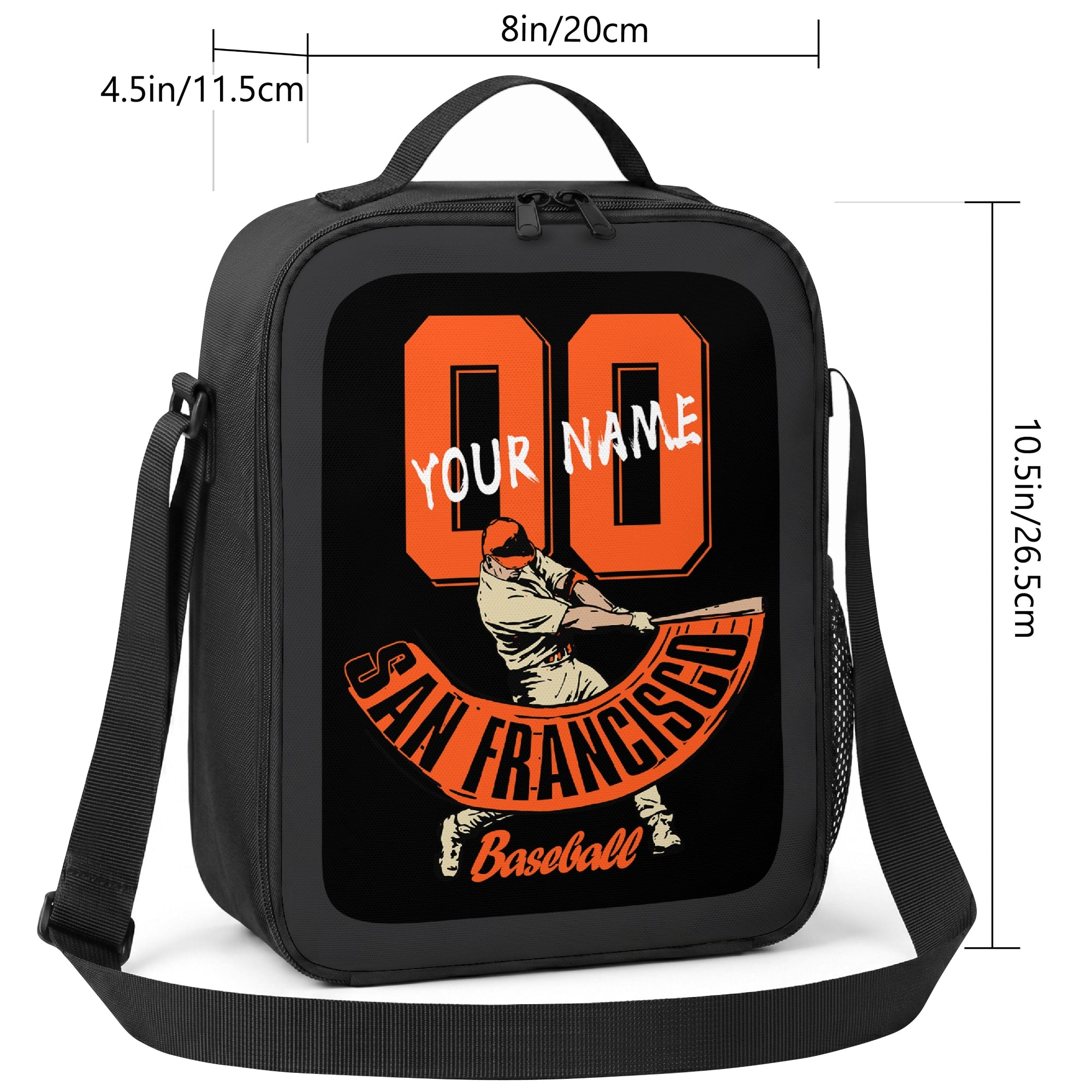 San Francisco personalized baseball lunch bag size guide showing 8 inch width 4.5 inch depth and 10.5 inch height