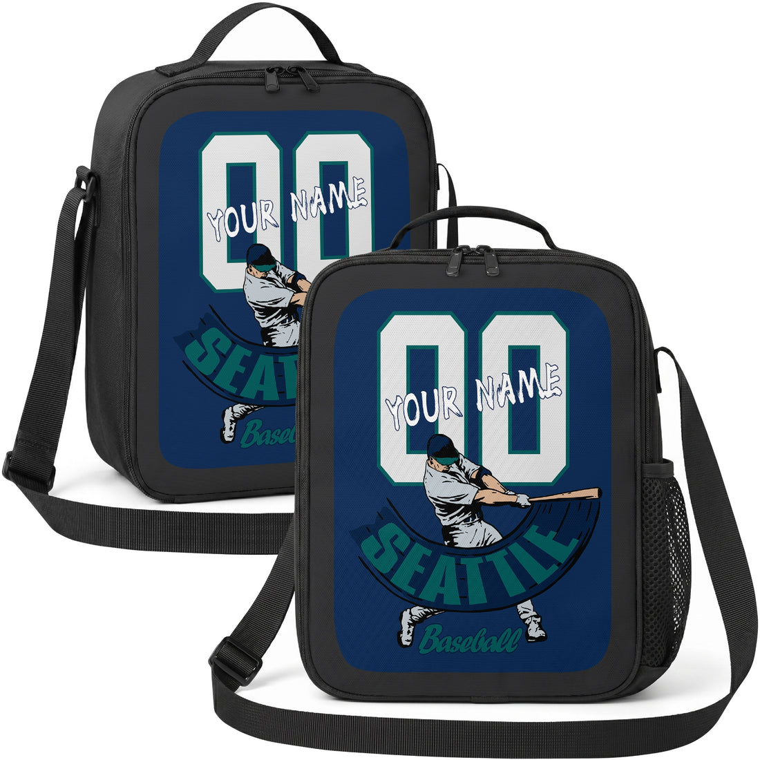 Seattle personalized batter graphic baseball lunch bag in navy teal and white showing front and angled views with custom name and number