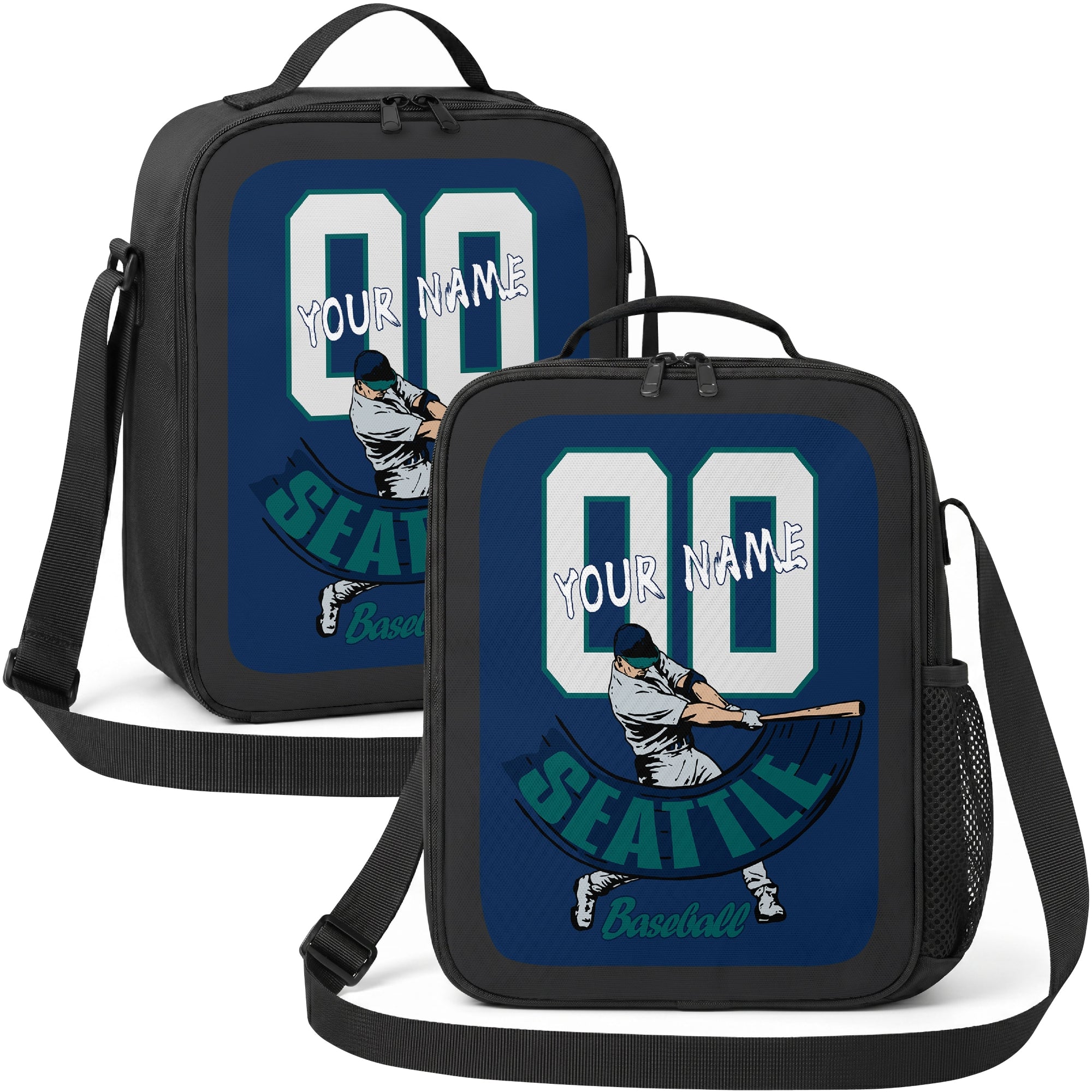 Seattle personalized batter graphic baseball lunch bag in navy teal and white showing front and angled views with custom name and number