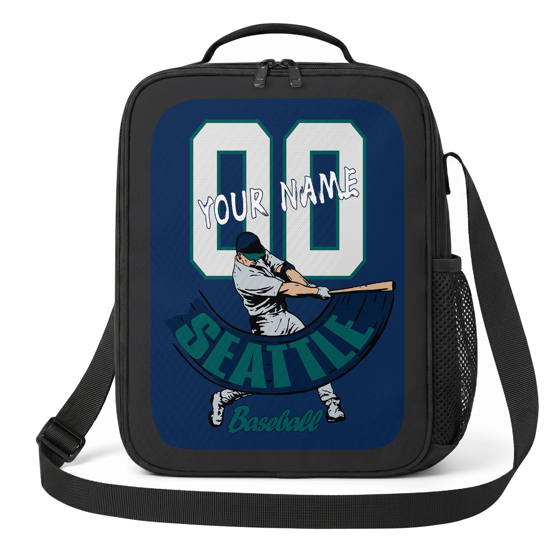 Seattle personalized batter graphic baseball lunch bag in navy teal and white showing front and angled views with custom name and number