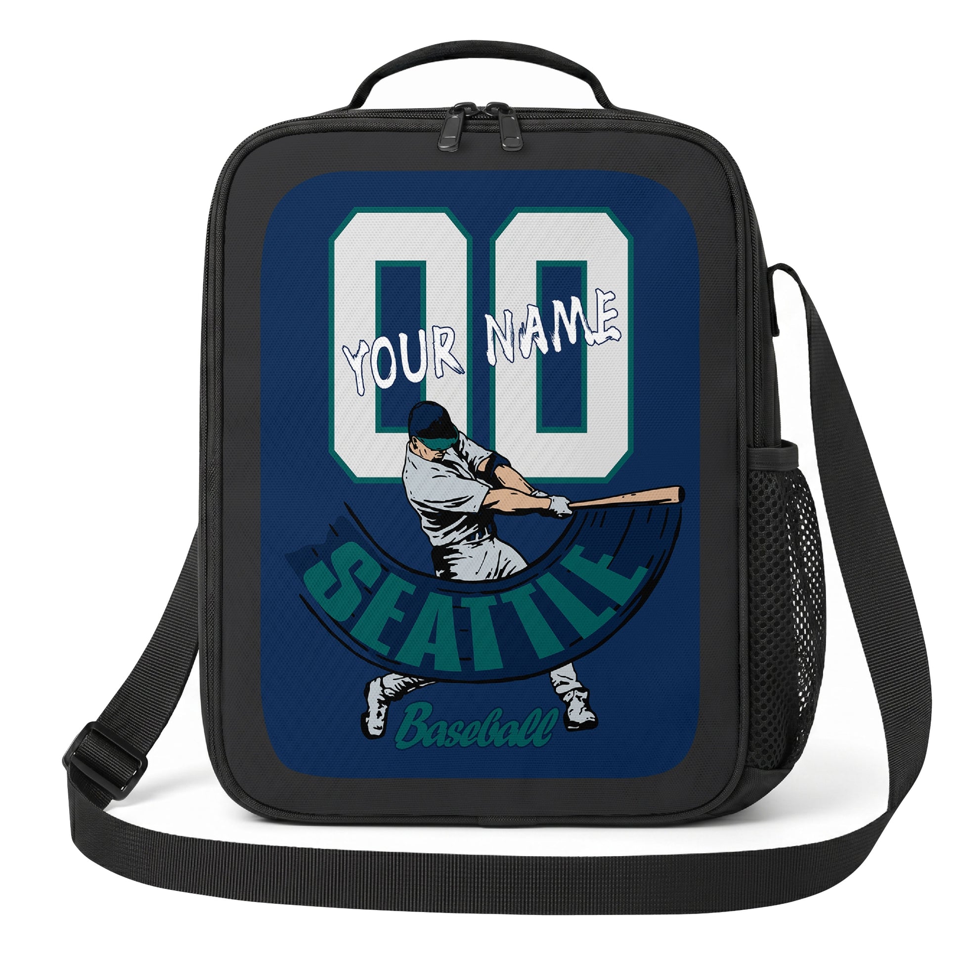 Seattle personalized baseball lunch bag front view in navy teal and white with swinging batter graphic custom name and jersey number
