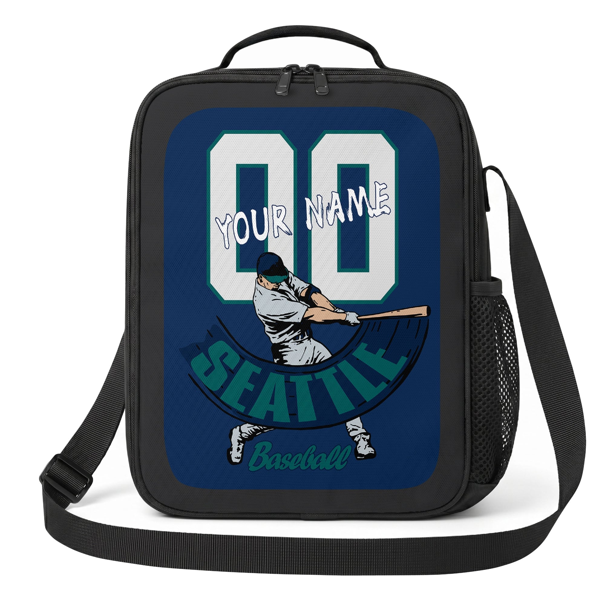 Seattle personalized baseball lunch bag front view in navy teal and white with swinging batter graphic custom name and jersey number