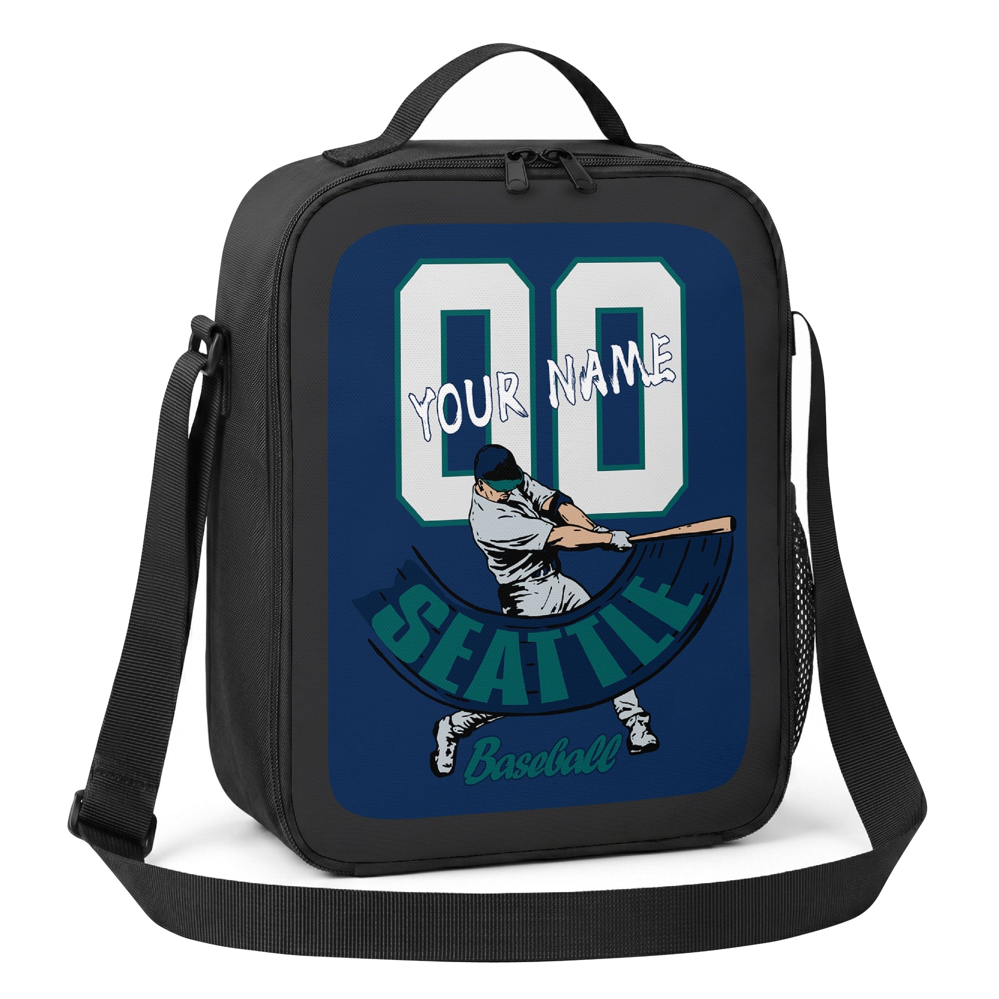 Seattle personalized batter baseball lunch bag angled view with top handle shoulder strap and side mesh pocket