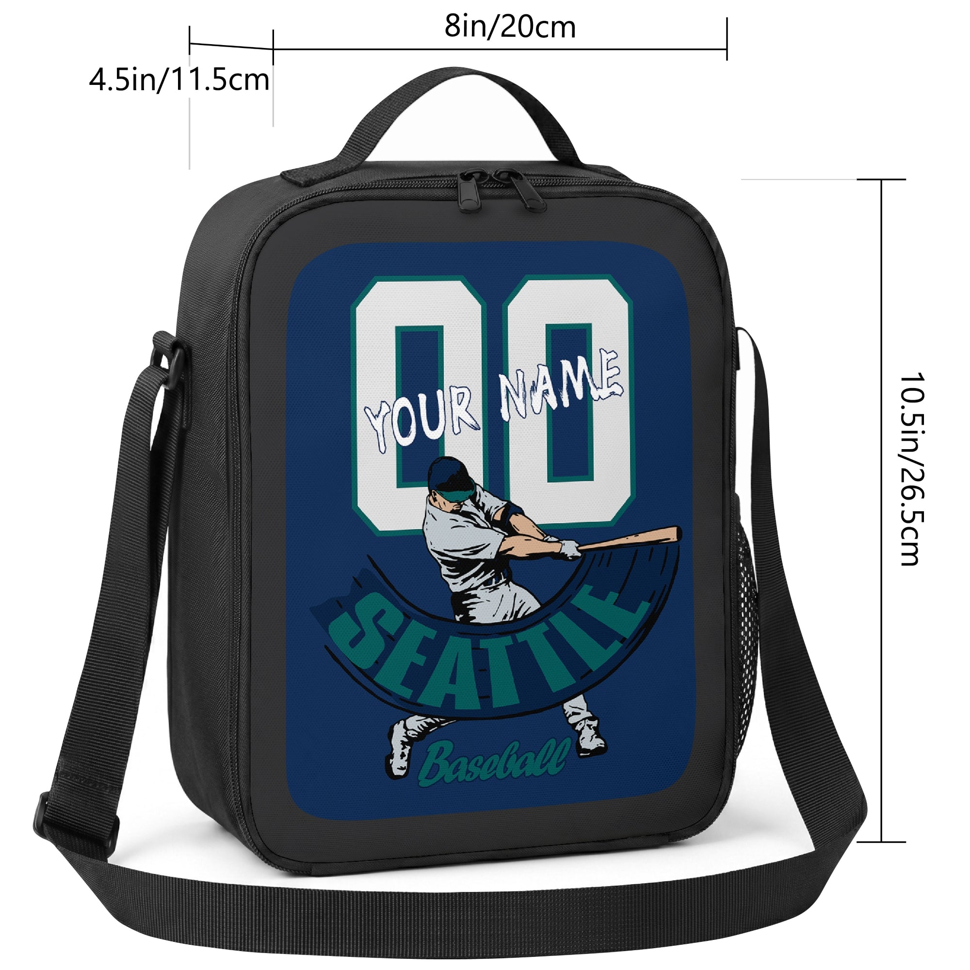 Seattle personalized baseball lunch bag size guide showing 8 inch width 4.5 inch depth and 10.5 inch height