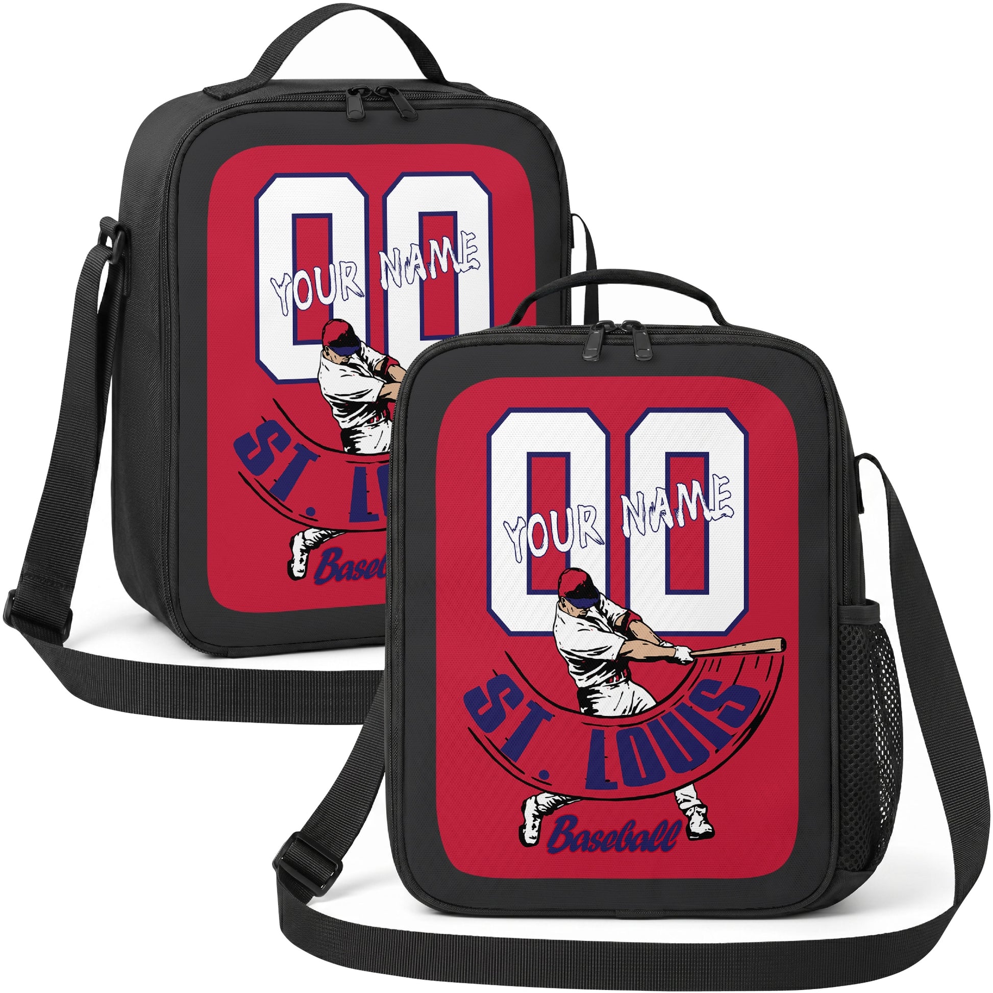 St. Louis personalized batter graphic baseball lunch bag in red navy and white showing front and angled views with custom name and number