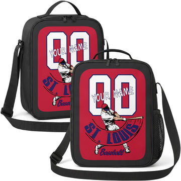St. Louis personalized batter graphic baseball lunch bag in red navy and white showing front and angled views with custom name and number