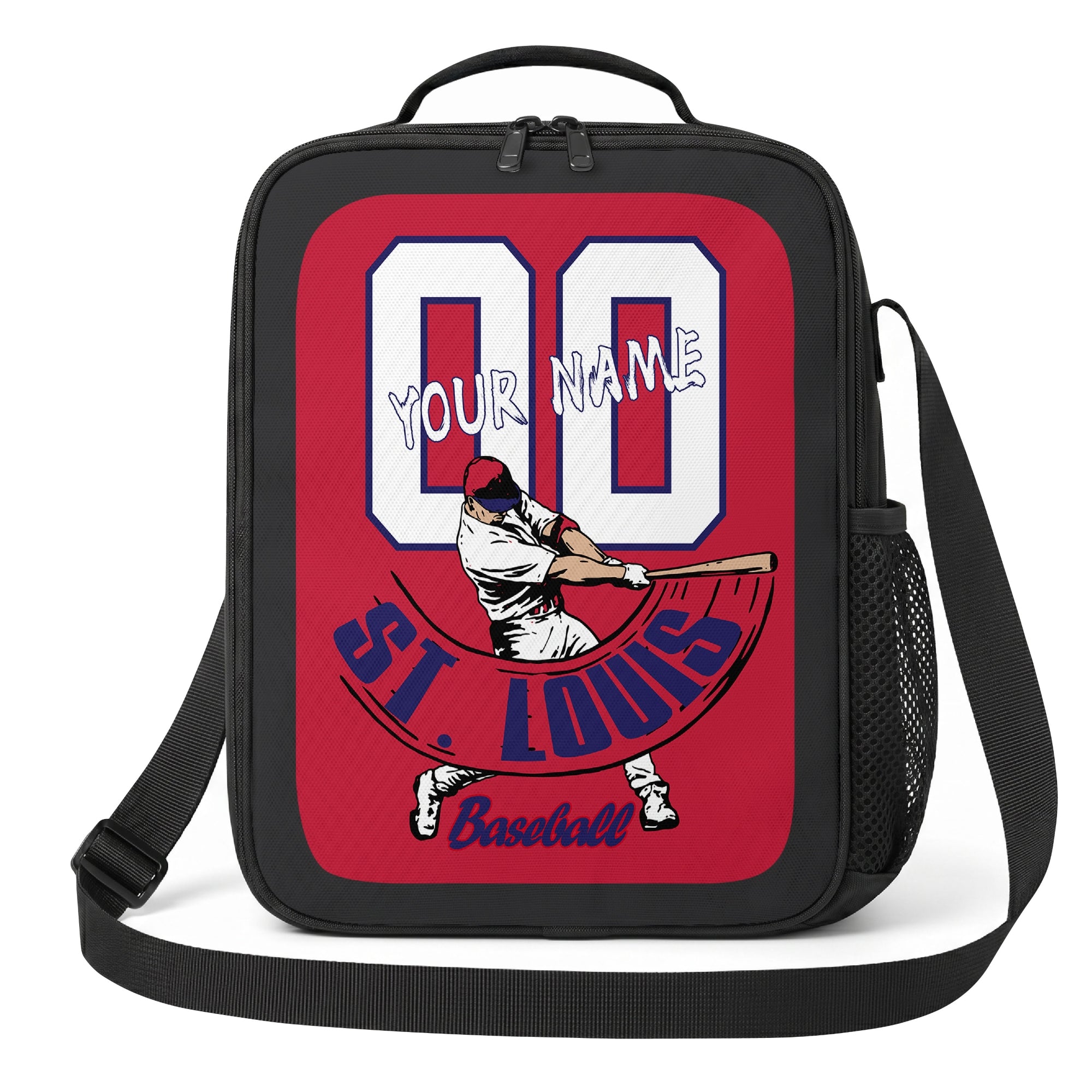 St. Louis personalized baseball lunch bag front view in red navy and white with swinging batter graphic custom name and jersey number