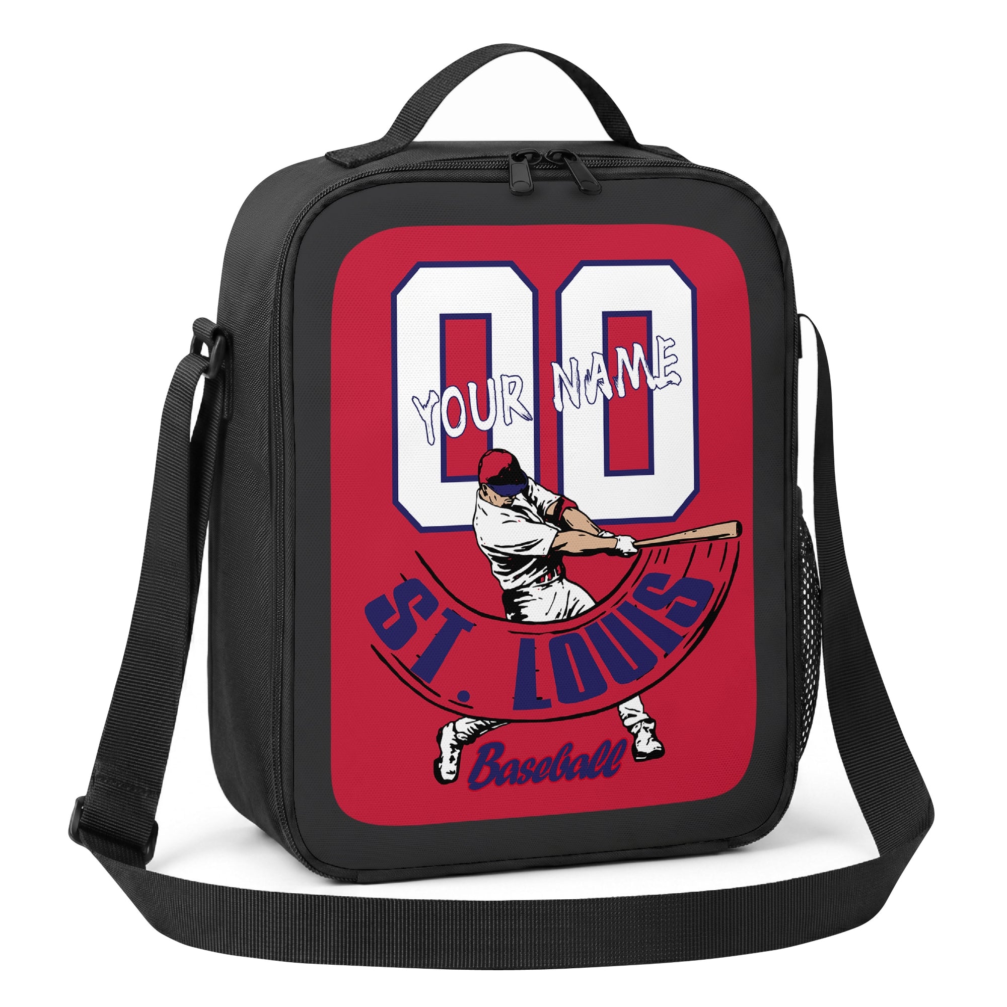 St. Louis personalized batter baseball lunch bag angled view with top handle shoulder strap and side mesh pocket