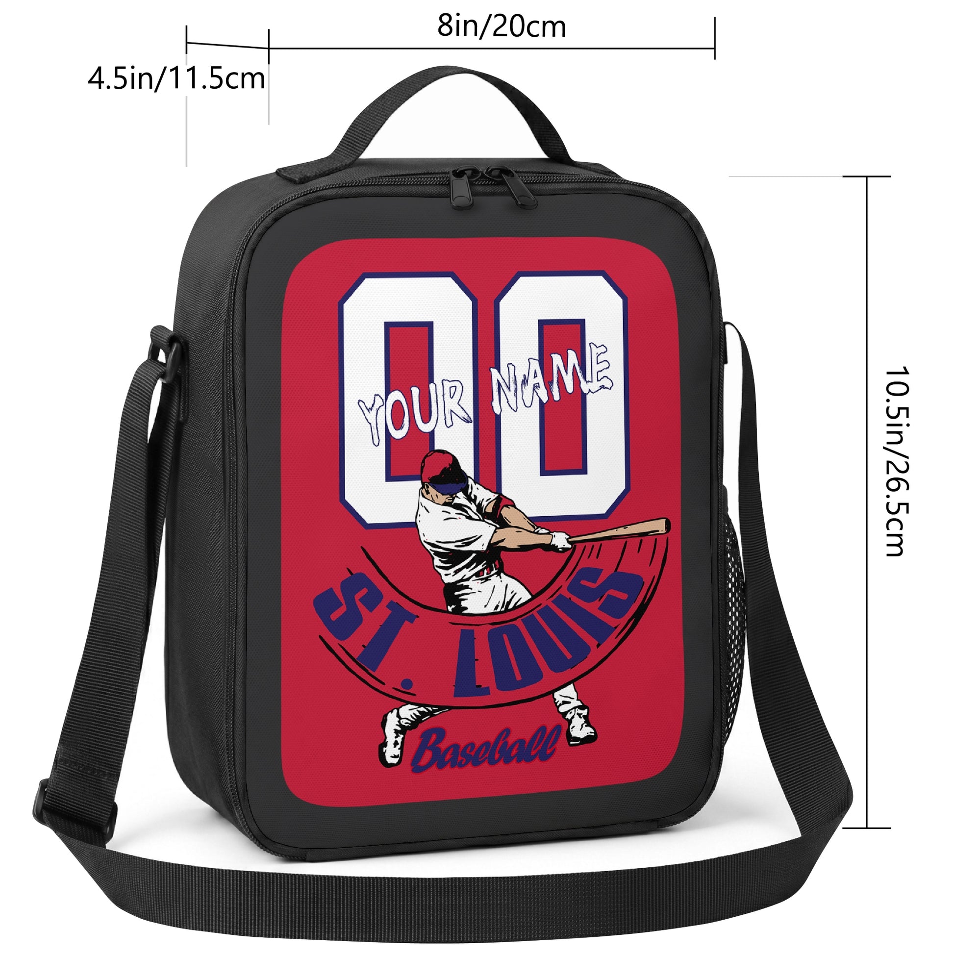 St. Louis personalized baseball lunch bag size guide showing 8 inch width 4.5 inch depth and 10.5 inch height