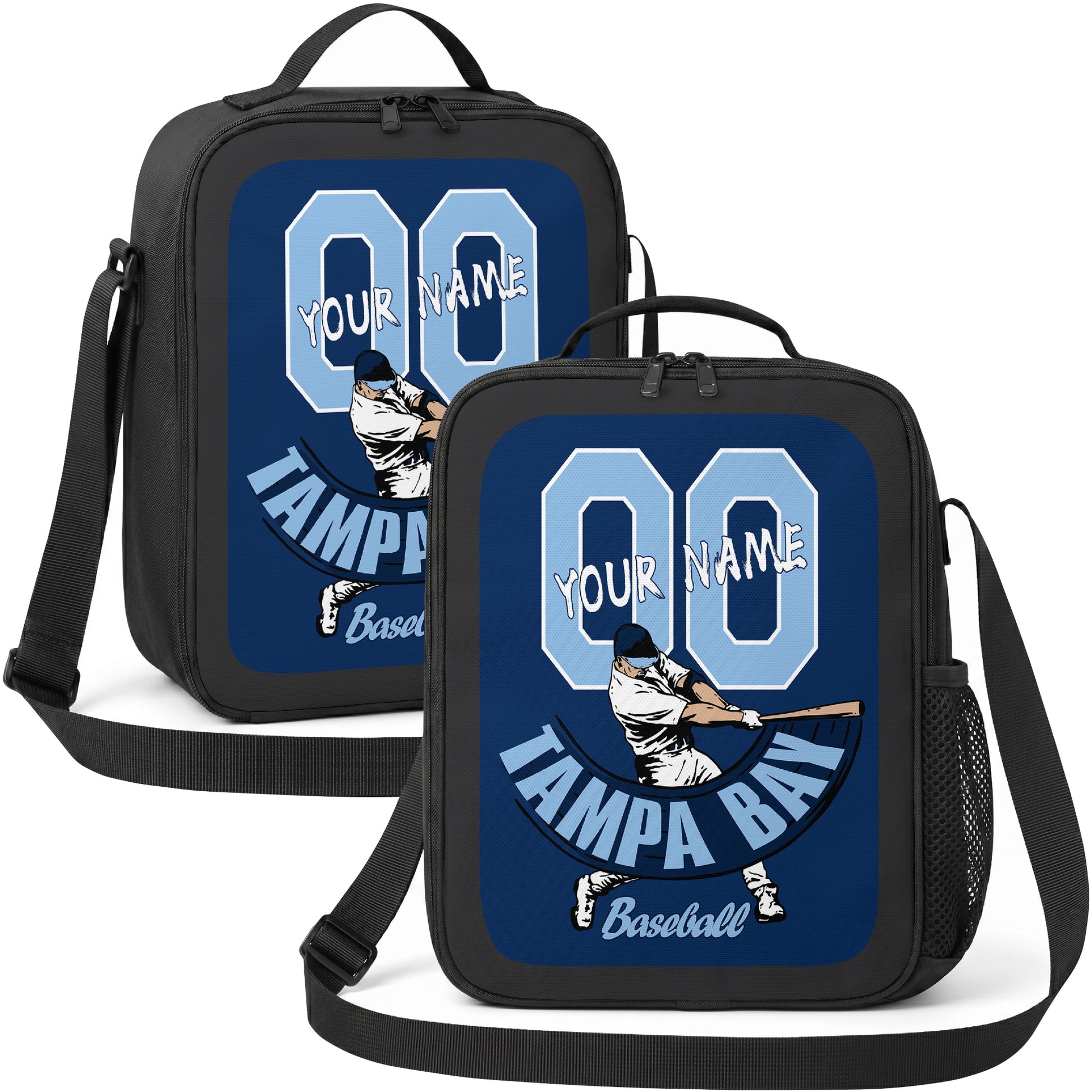 Tampa Bay personalized batter graphic baseball lunch bag in navy light blue and white showing front and angled views with custom name and number