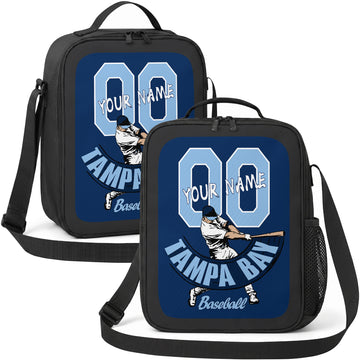 Tampa Bay personalized batter graphic baseball lunch bag in navy light blue and white showing front and angled views with custom name and number