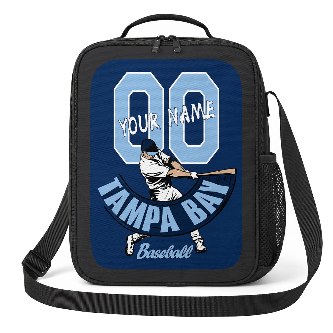 Tampa Bay personalized batter graphic baseball lunch bag in navy light blue and white showing front and angled views with custom name and number
