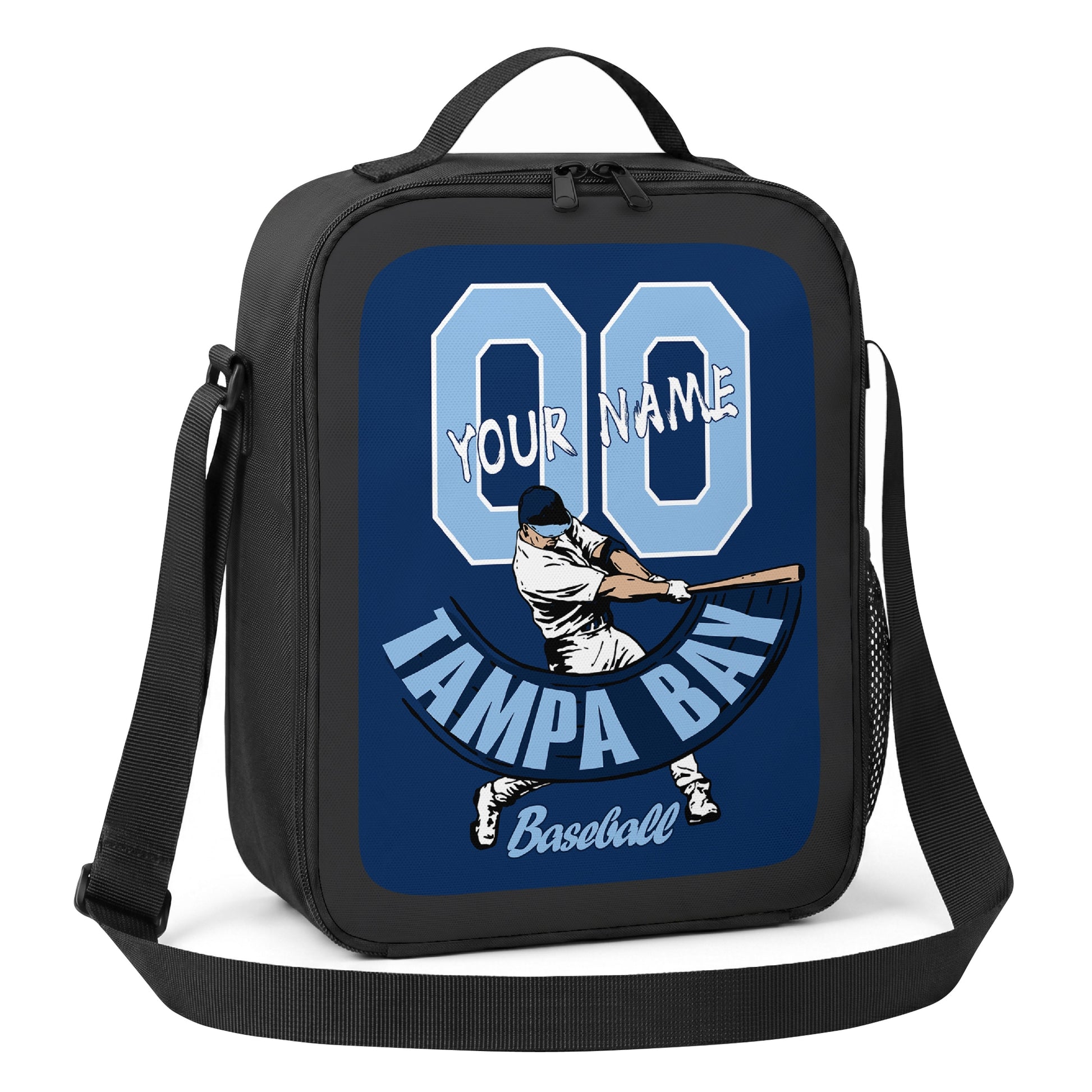 Tampa Bay personalized batter baseball lunch bag angled view with top handle shoulder strap and side mesh pocket