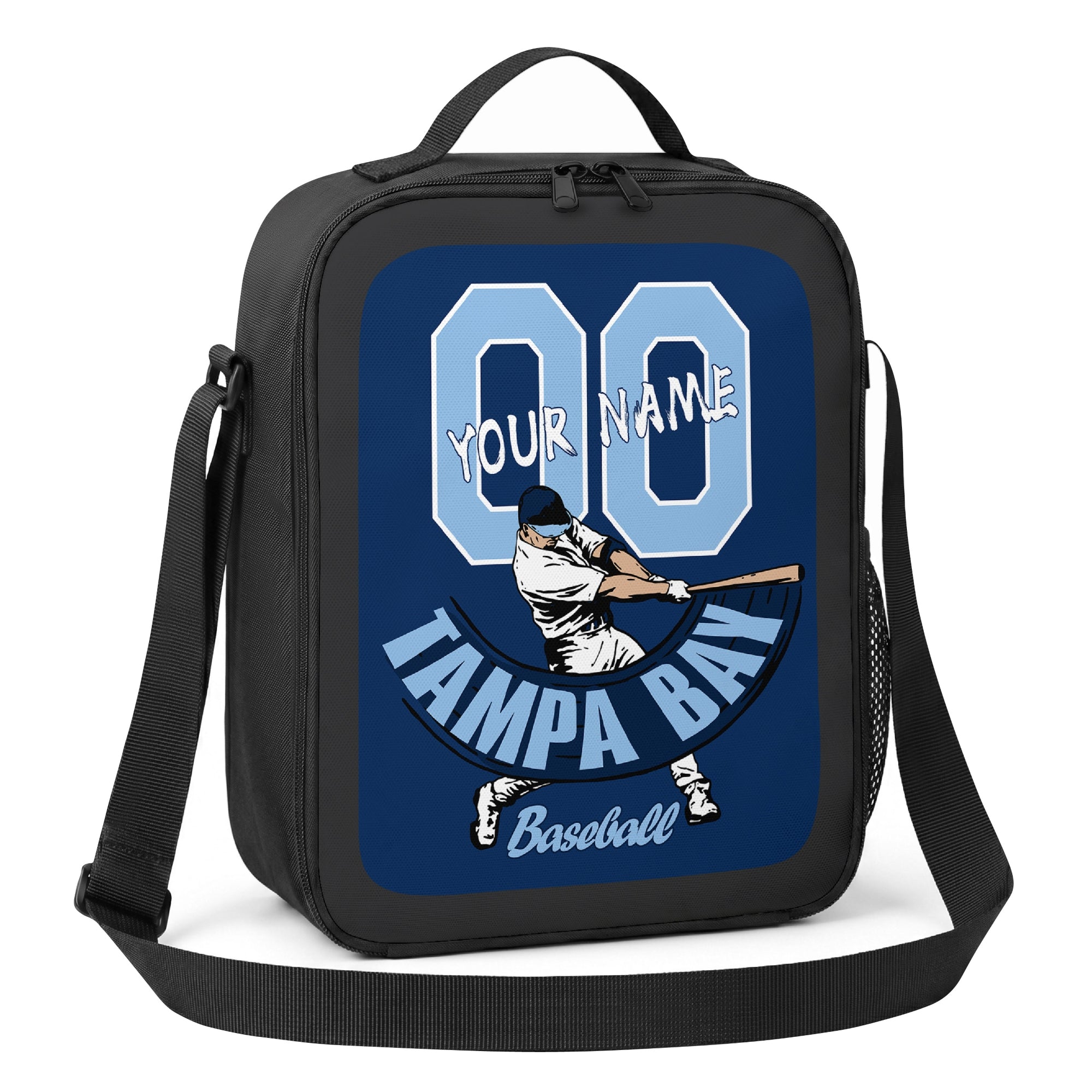 Tampa Bay personalized batter baseball lunch bag angled view with top handle shoulder strap and side mesh pocket
