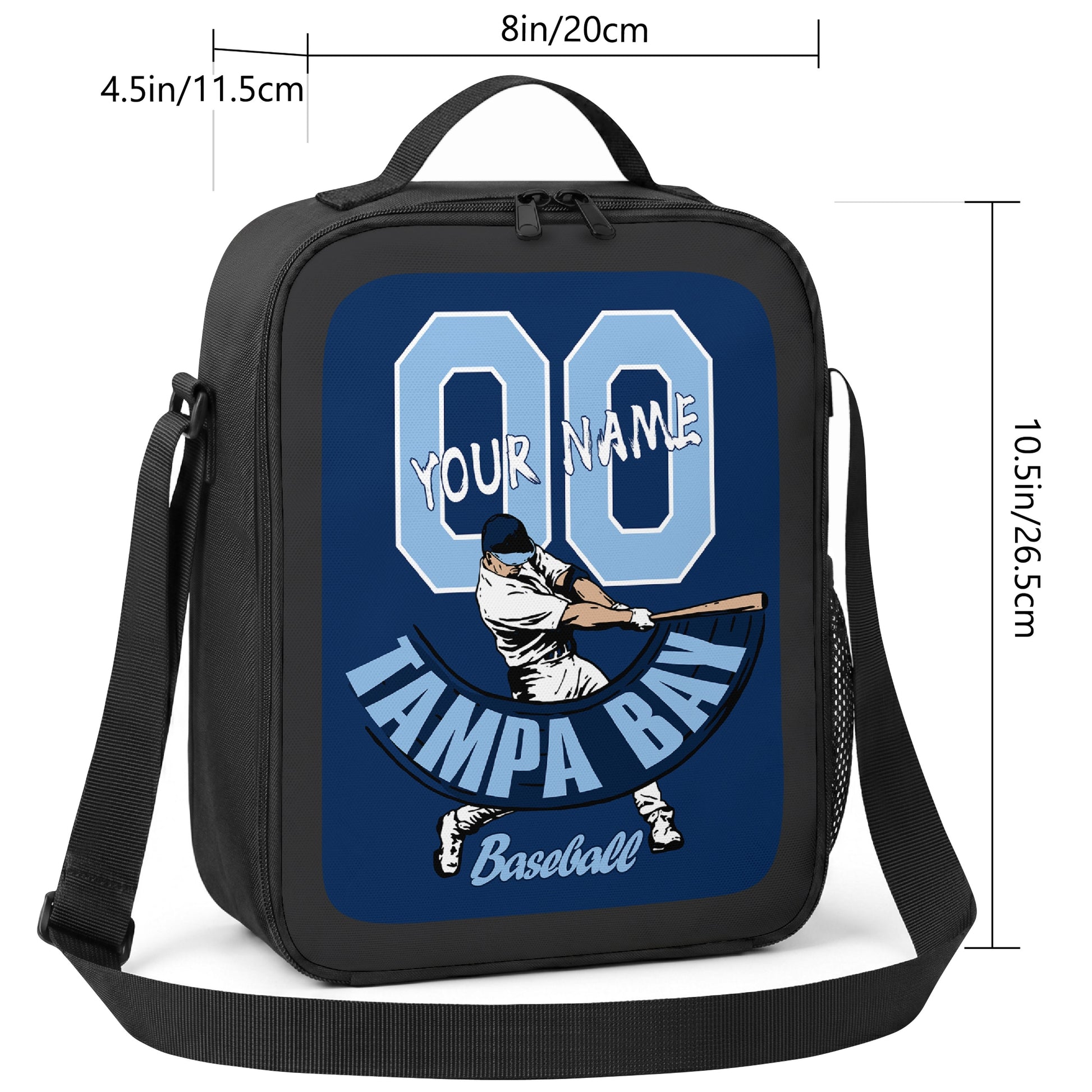 Tampa Bay personalized baseball lunch bag size guide showing 8 inch width 4.5 inch depth and 10.5 inch height