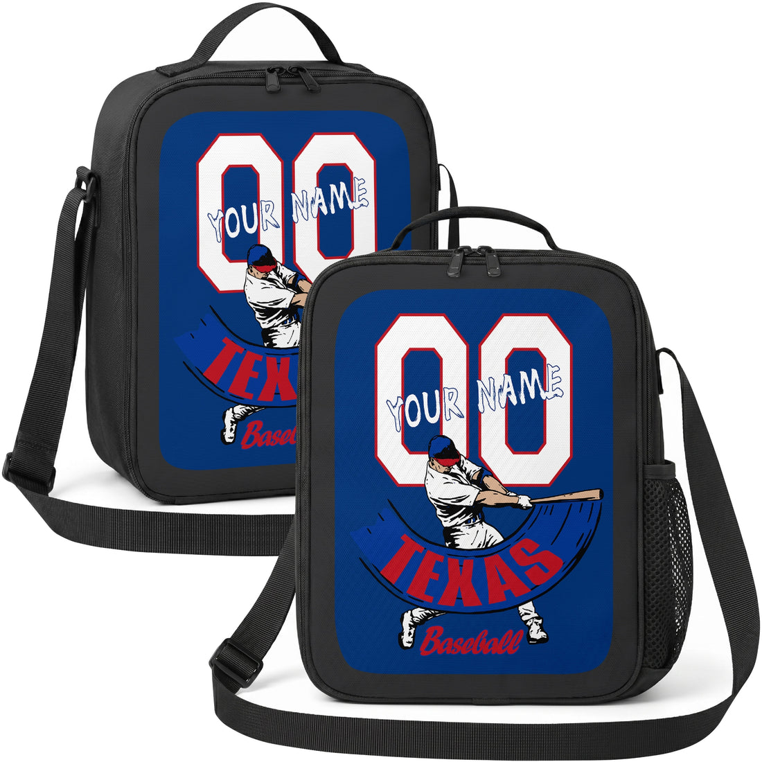 Texas personalized batter graphic baseball lunch bag in navy red and white showing front and angled views with custom name and number