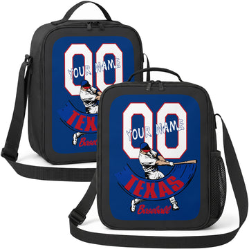 Texas personalized batter graphic baseball lunch bag in navy red and white showing front and angled views with custom name and number