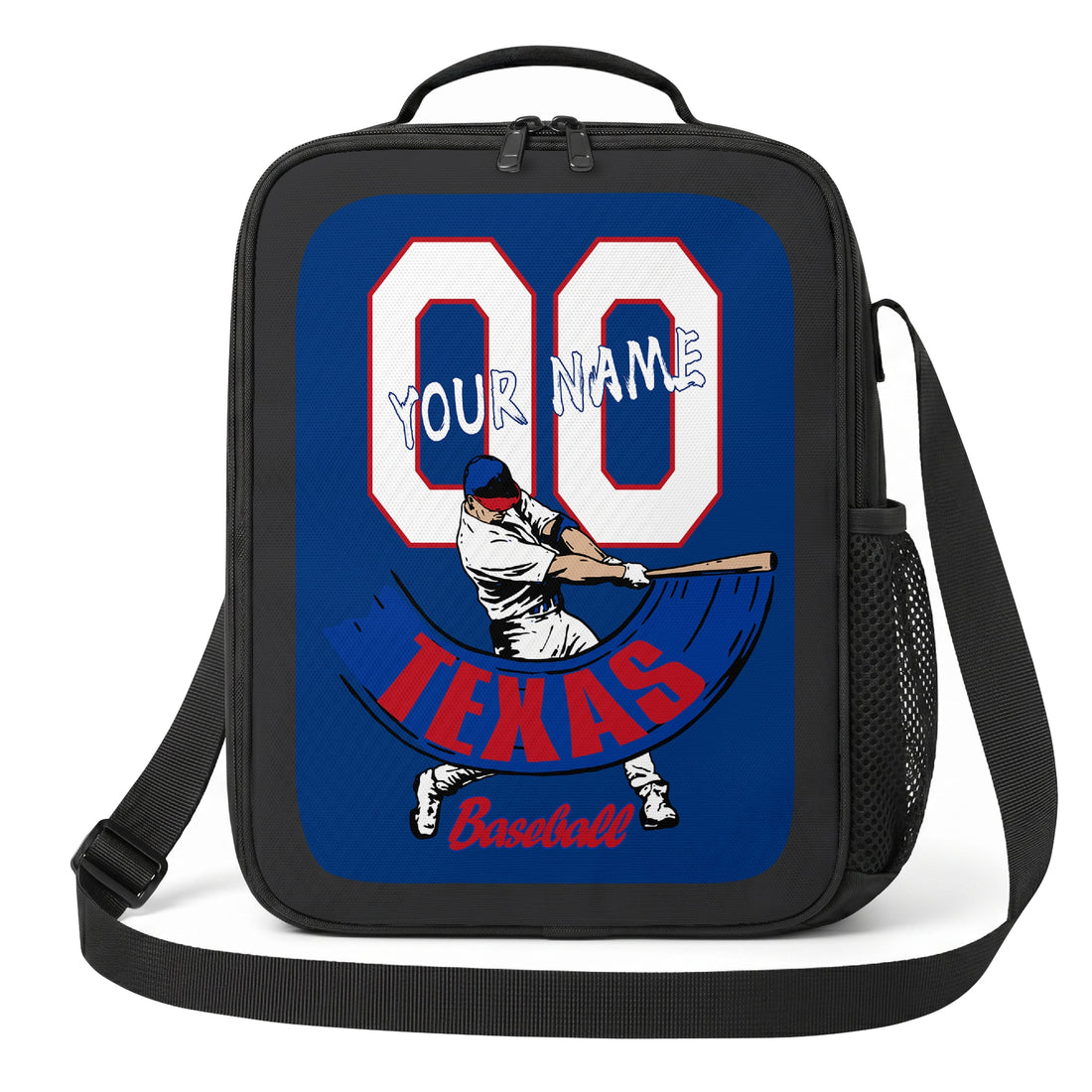 Texas personalized batter graphic baseball lunch bag in navy red and white showing front and angled views with custom name and number