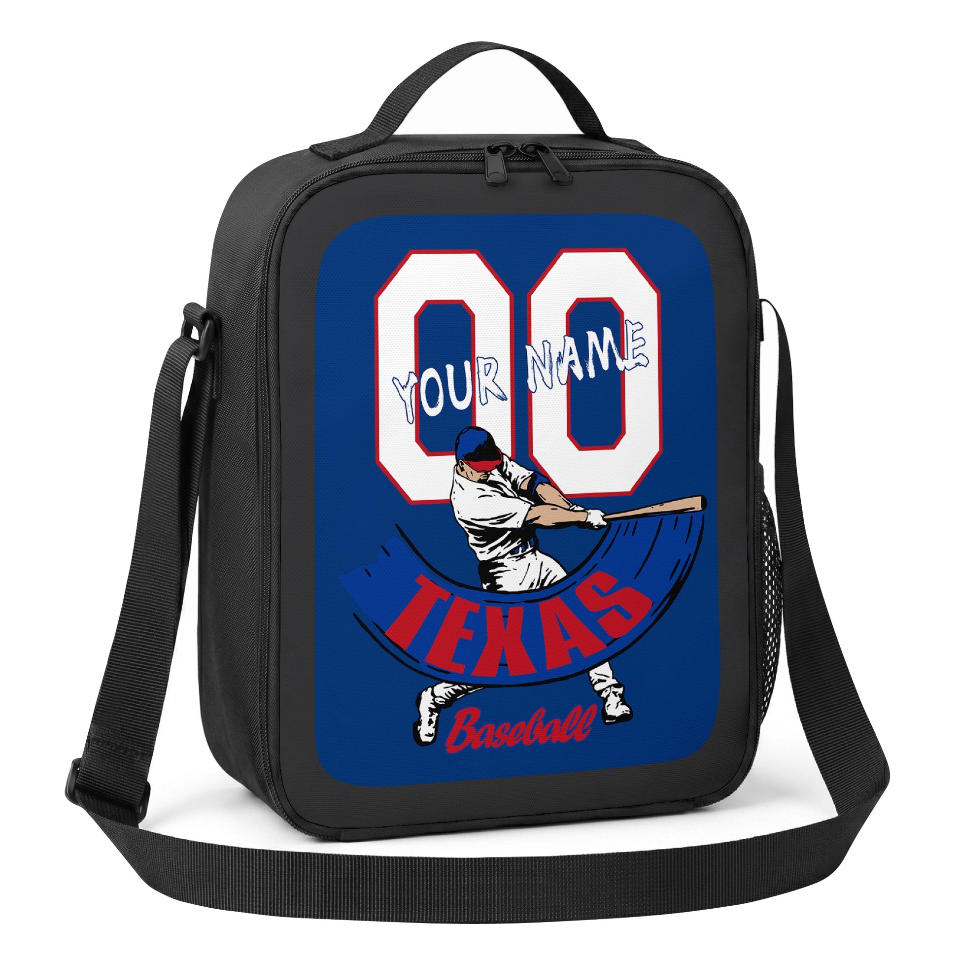 Texas personalized batter baseball lunch bag angled view with top handle shoulder strap and side mesh pocket