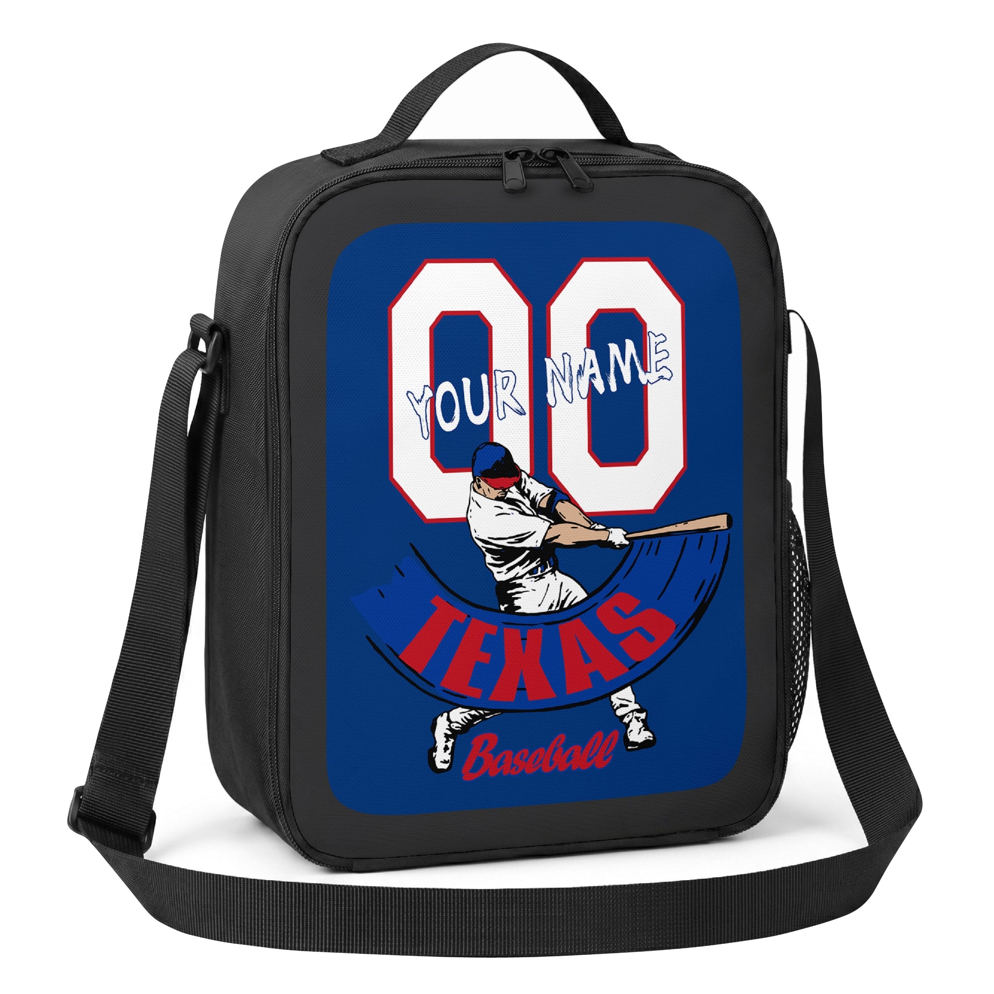 Texas personalized batter baseball lunch bag angled view with top handle shoulder strap and side mesh pocket