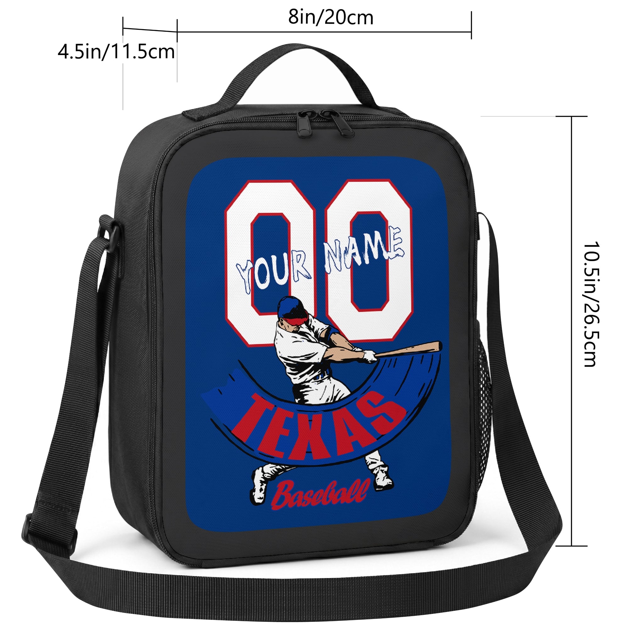 Texas personalized baseball lunch bag size guide showing 8 inch width 4.5 inch depth and 10.5 inch height