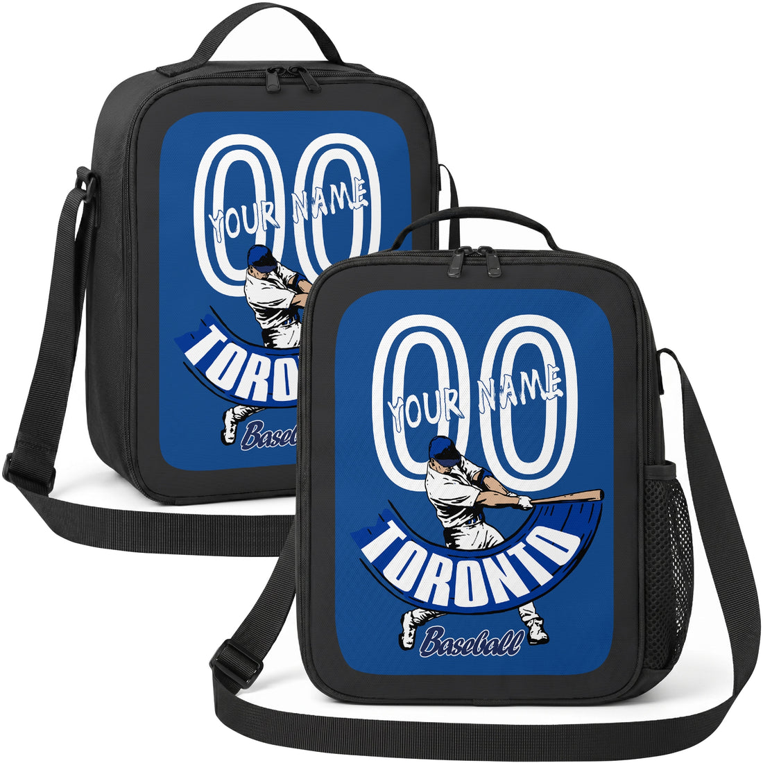 Toronto personalized batter graphic baseball lunch bag in royal blue and white showing front and angled views with custom name and number