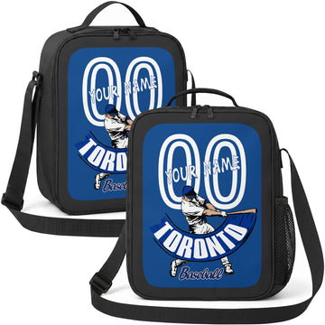 Toronto personalized batter graphic baseball lunch bag in royal blue and white showing front and angled views with custom name and number