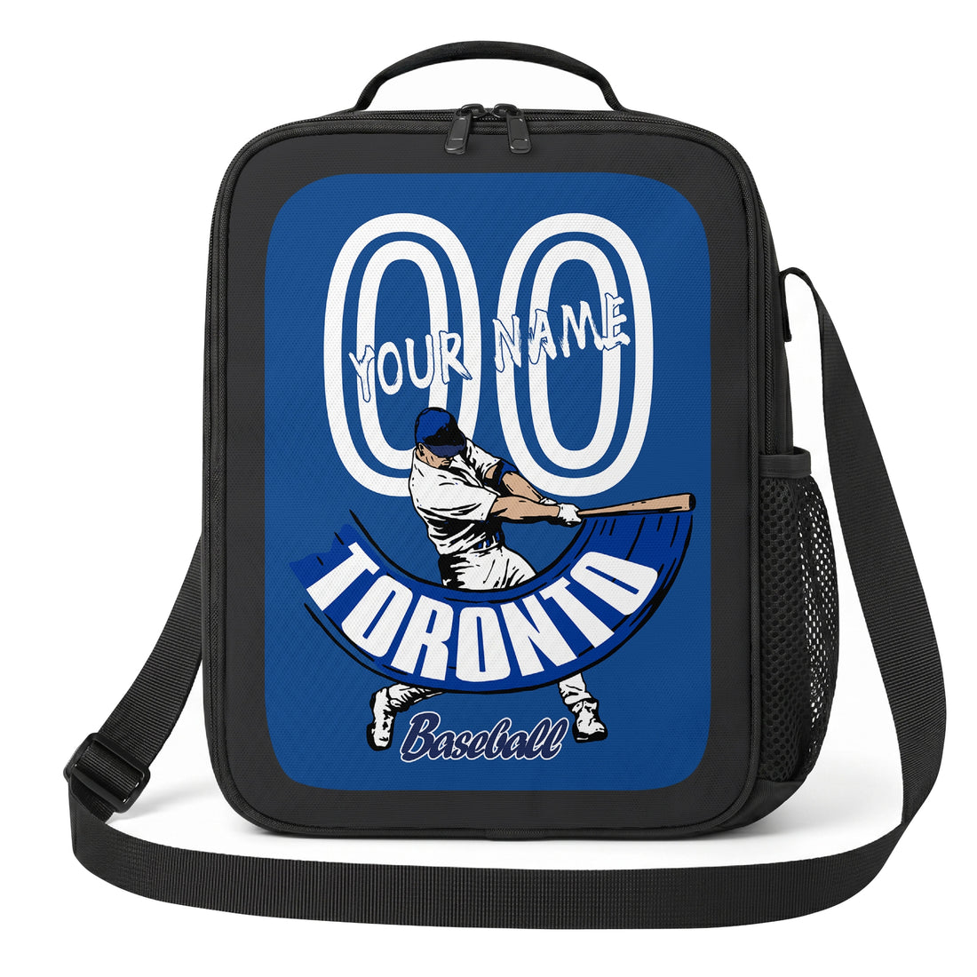 Toronto personalized batter graphic baseball lunch bag in royal blue and white showing front and angled views with custom name and number