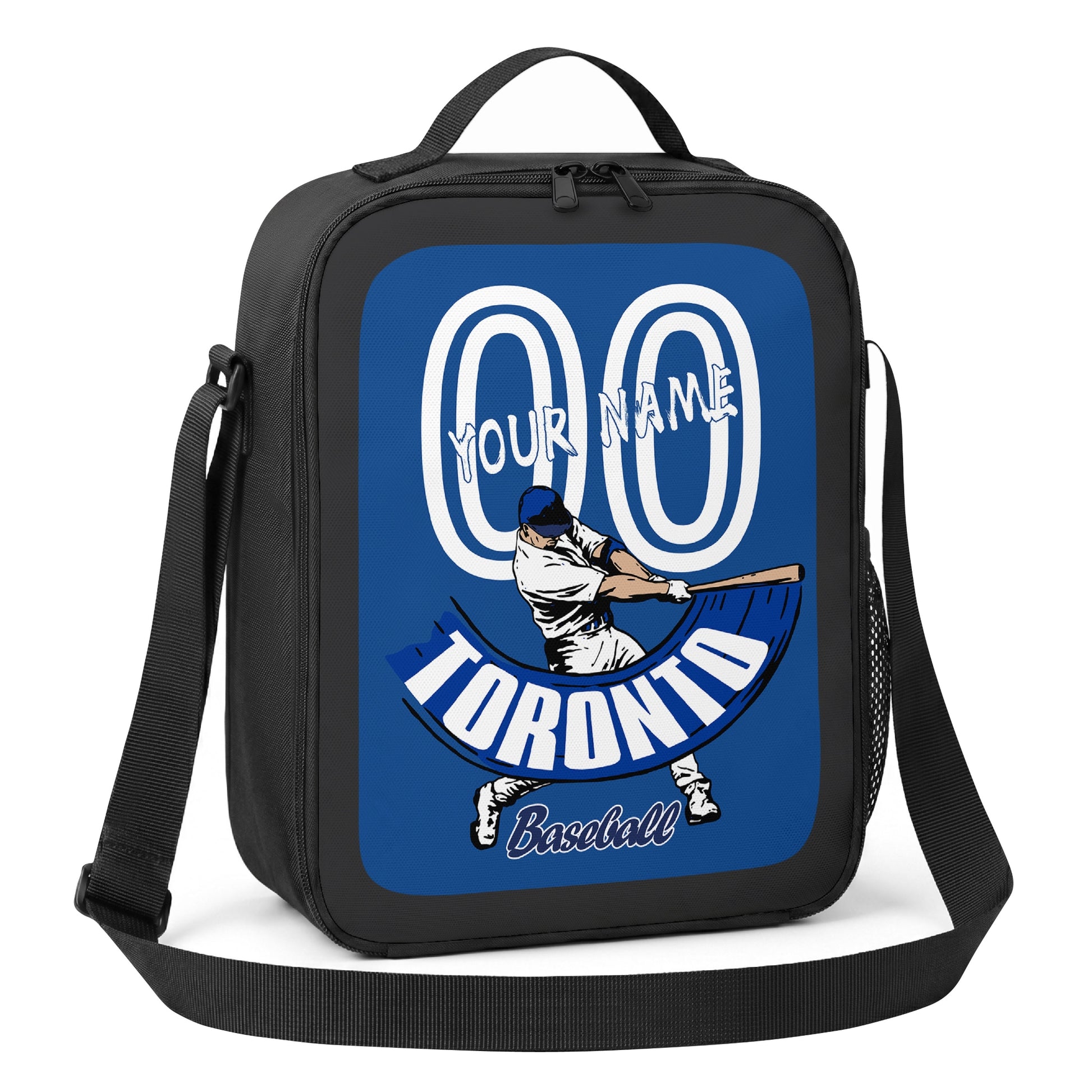 Toronto personalized batter baseball lunch bag angled view with top handle shoulder strap and side mesh pocket