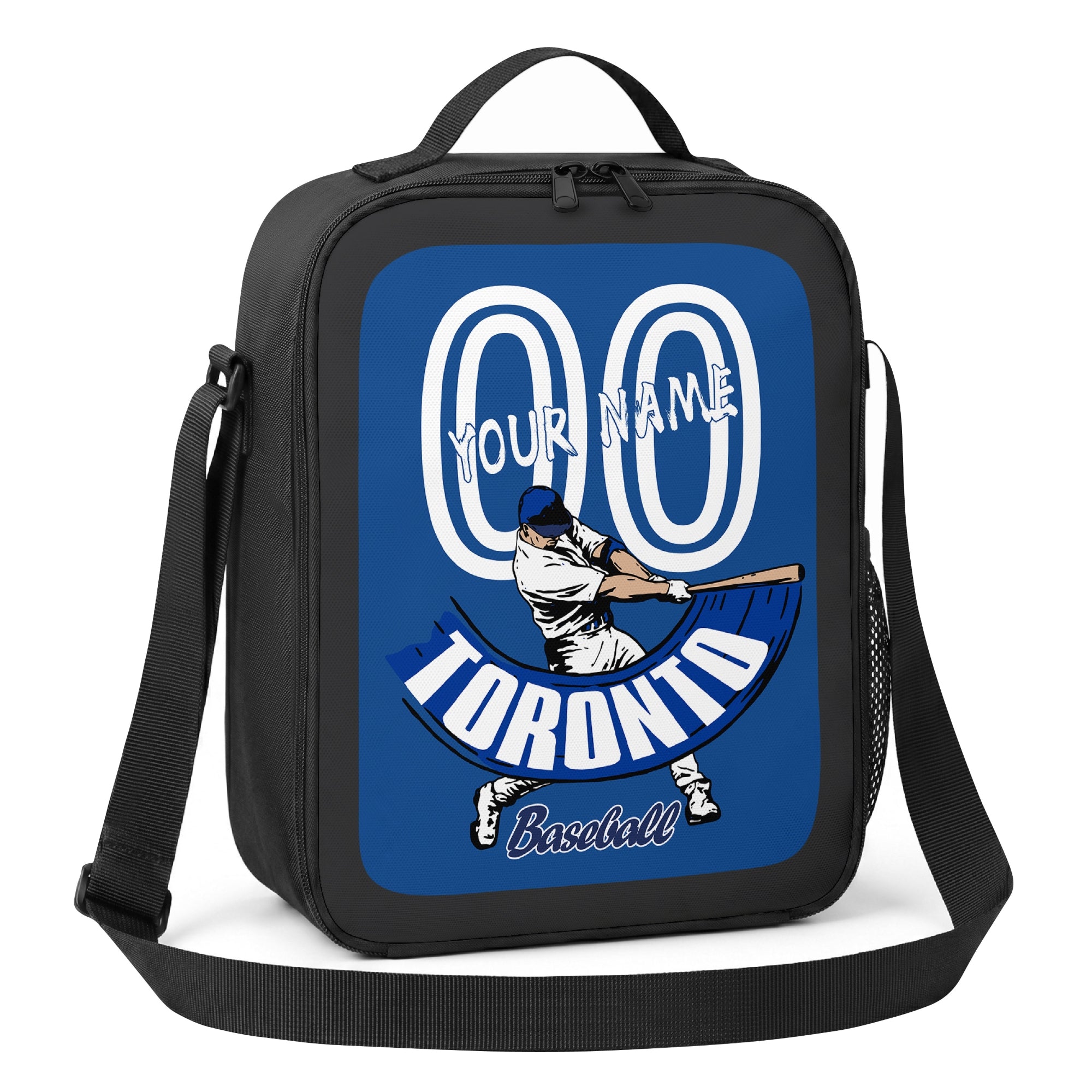 Toronto personalized batter baseball lunch bag angled view with top handle shoulder strap and side mesh pocket